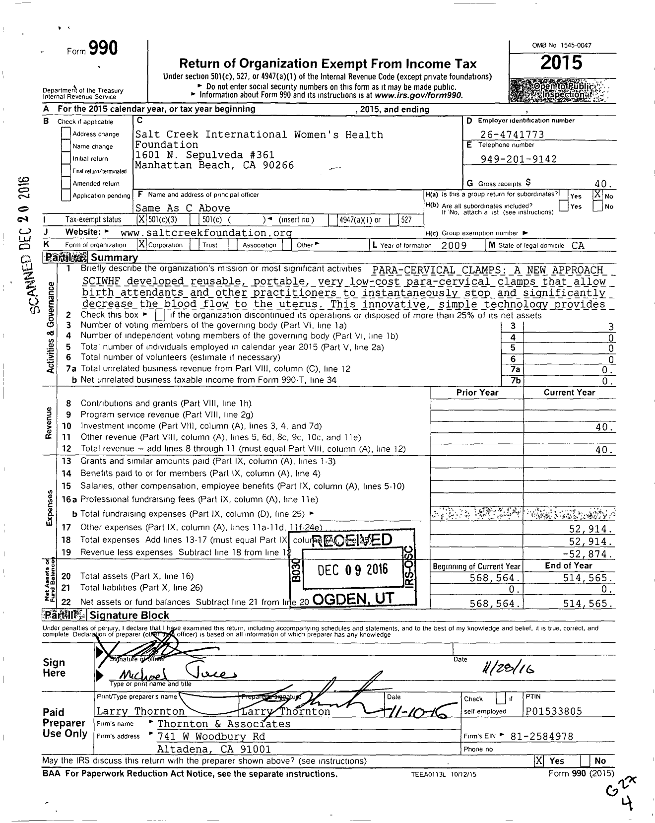 Image of first page of 2015 Form 990 for Salt Creek International Womens Health Foundation