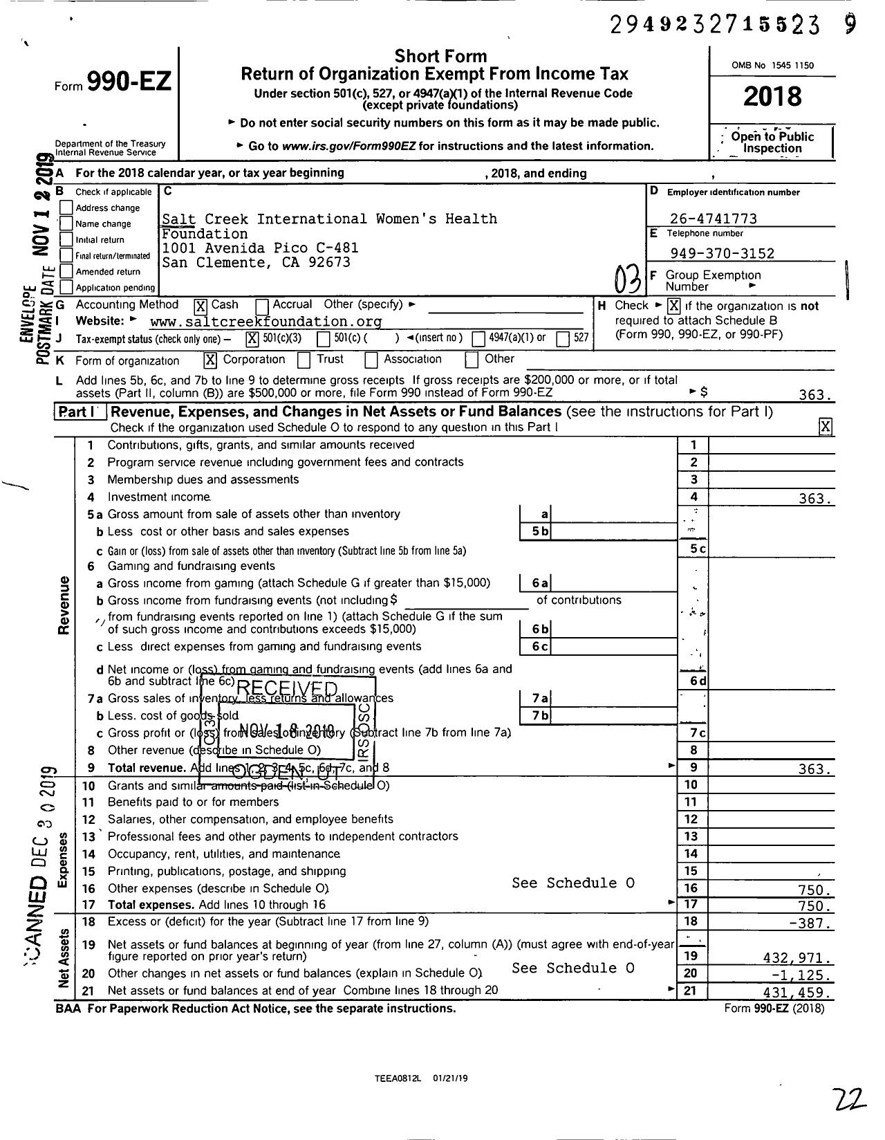 Image of first page of 2018 Form 990EZ for Salt Creek International Womens Health Foundation