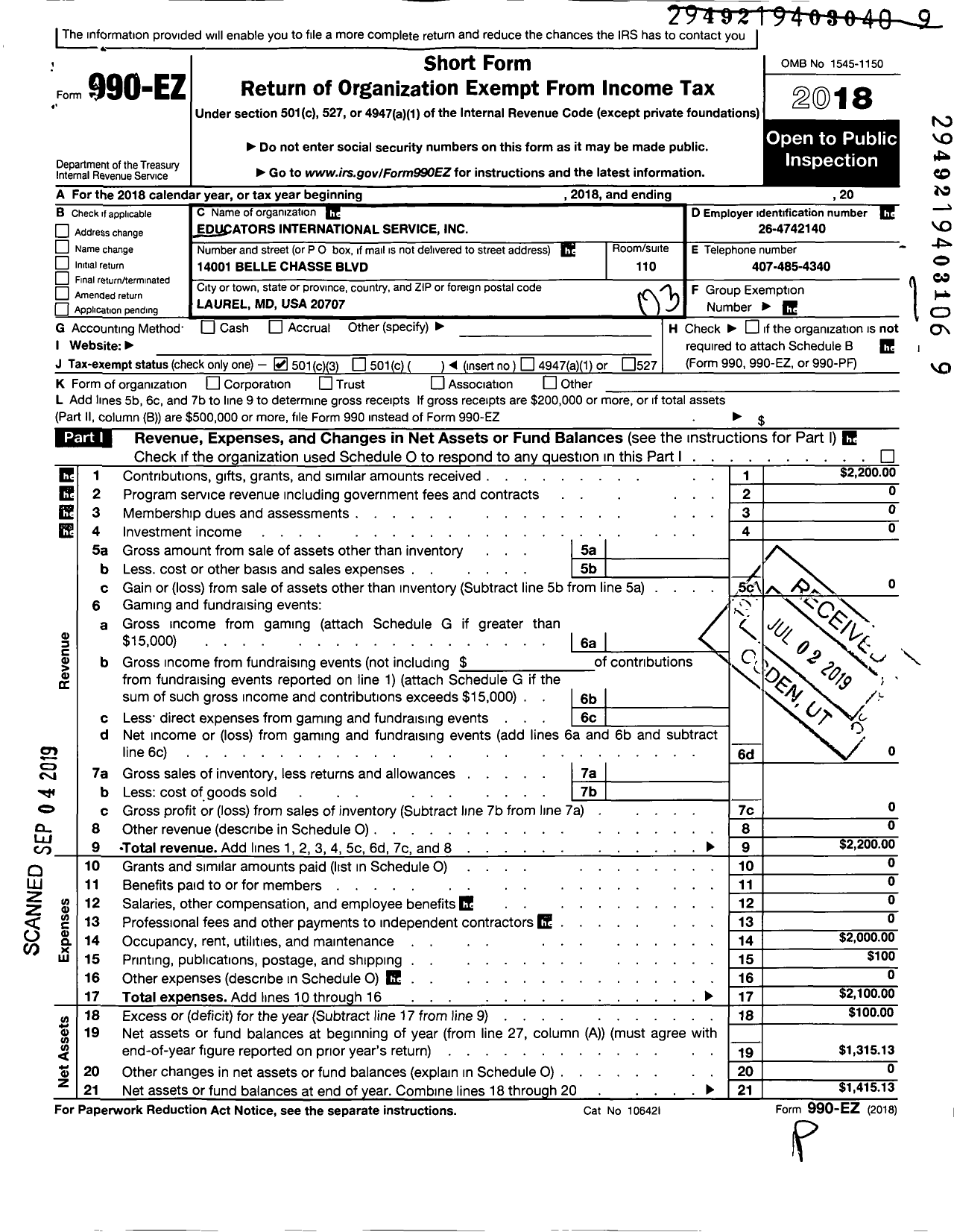 Image of first page of 2018 Form 990EZ for Educators International Service