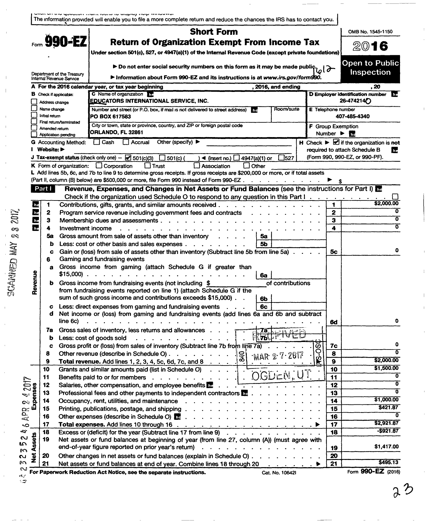 Image of first page of 2016 Form 990EZ for Educators International Service