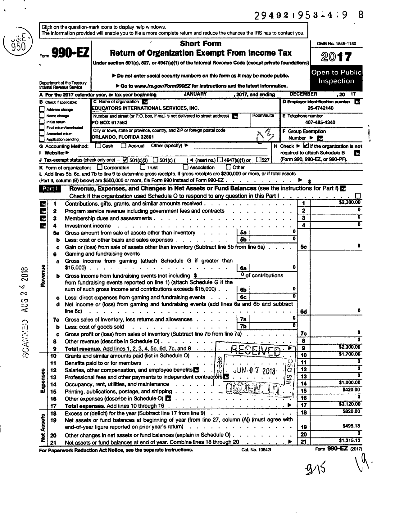 Image of first page of 2017 Form 990EZ for Educators International Service