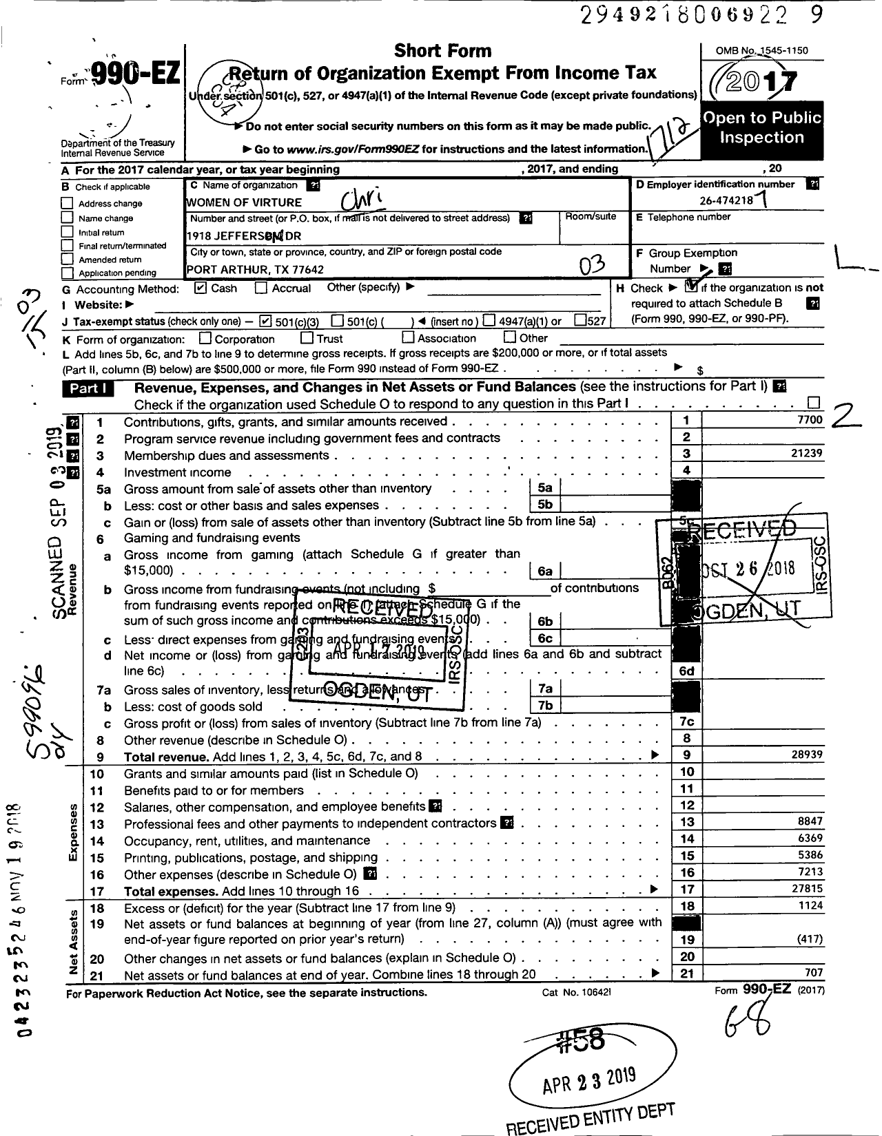 Image of first page of 2017 Form 990EZ for Christian Faith Women of Virtue