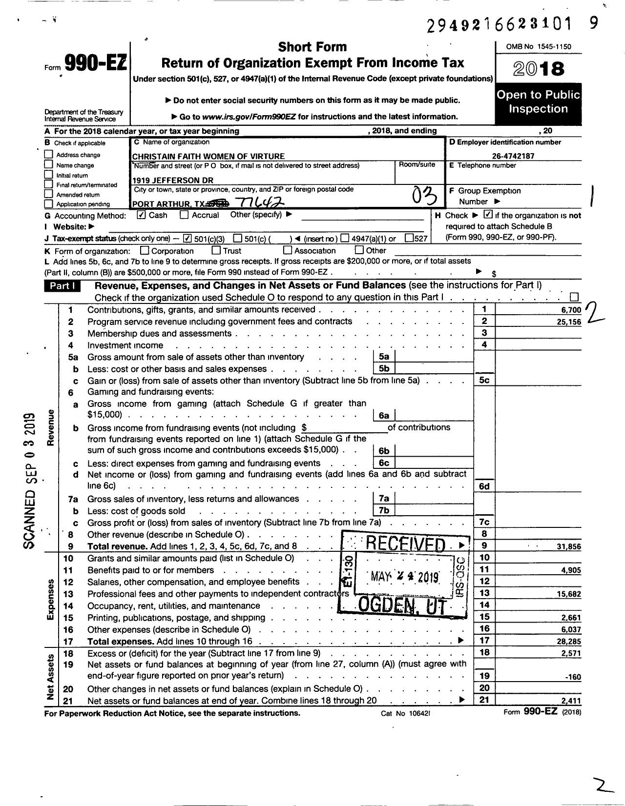 Image of first page of 2018 Form 990EZ for Christian Faith Women of Virtue