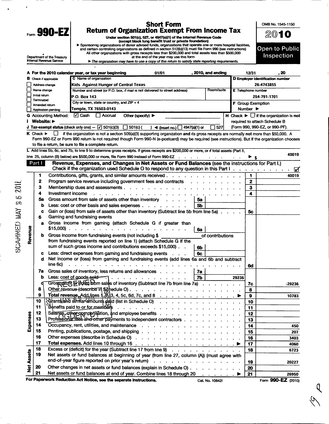 Image of first page of 2010 Form 990EZ for Kids Against Hunger of Central Texas