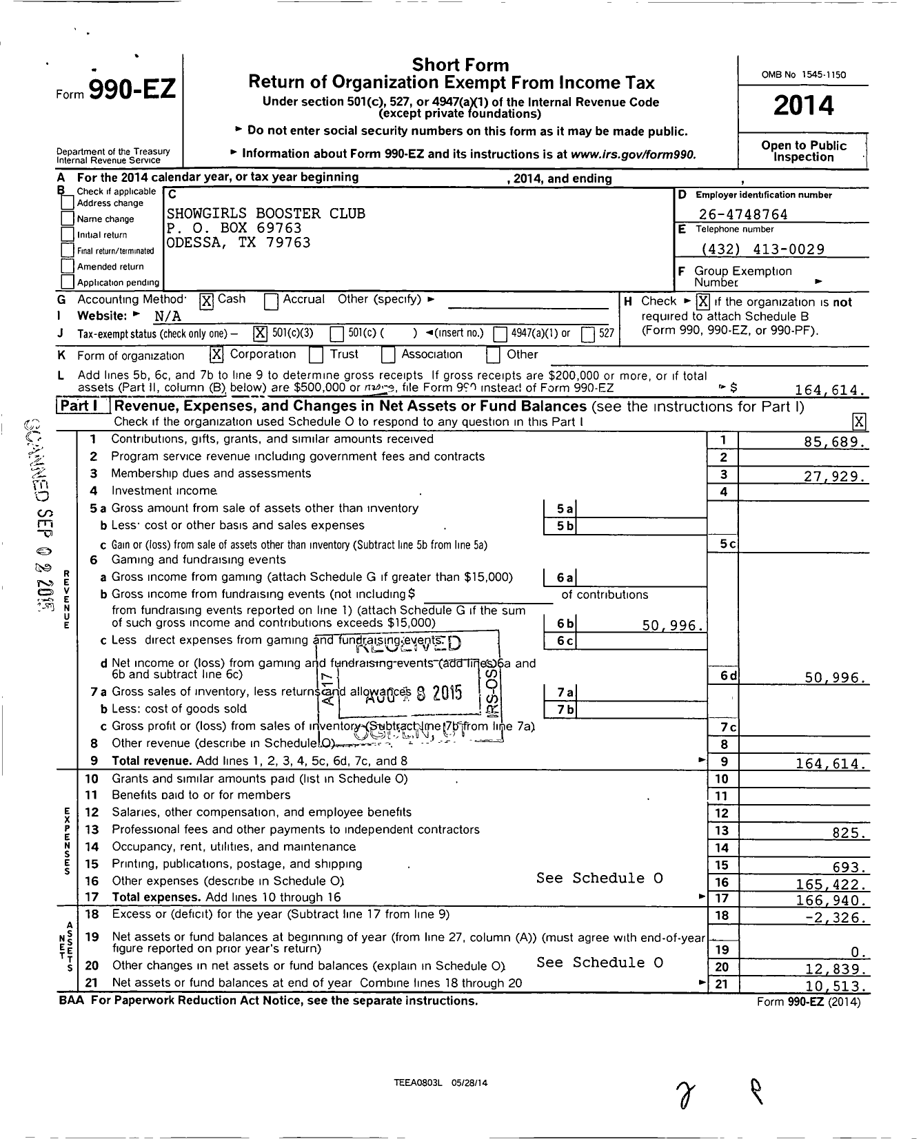 Image of first page of 2014 Form 990EZ for Odessa High School Showgirls Booster Club