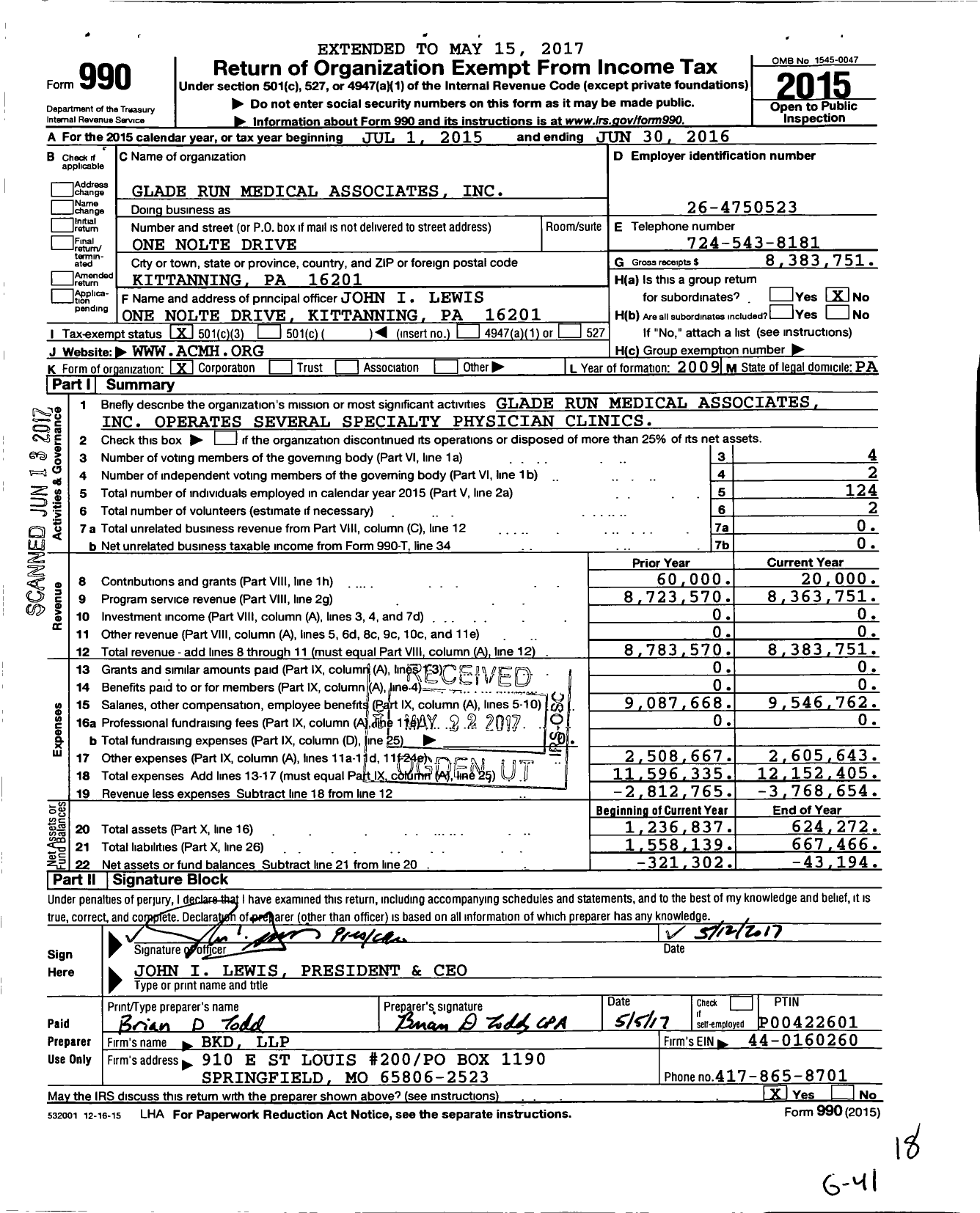 Image of first page of 2015 Form 990 for Glade Run Medical Associates