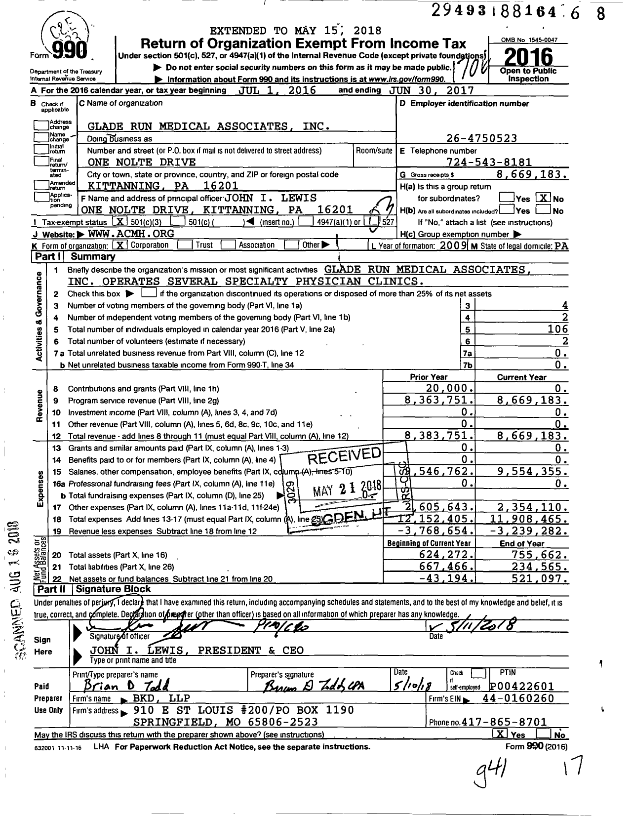 Image of first page of 2016 Form 990 for Glade Run Medical Associates