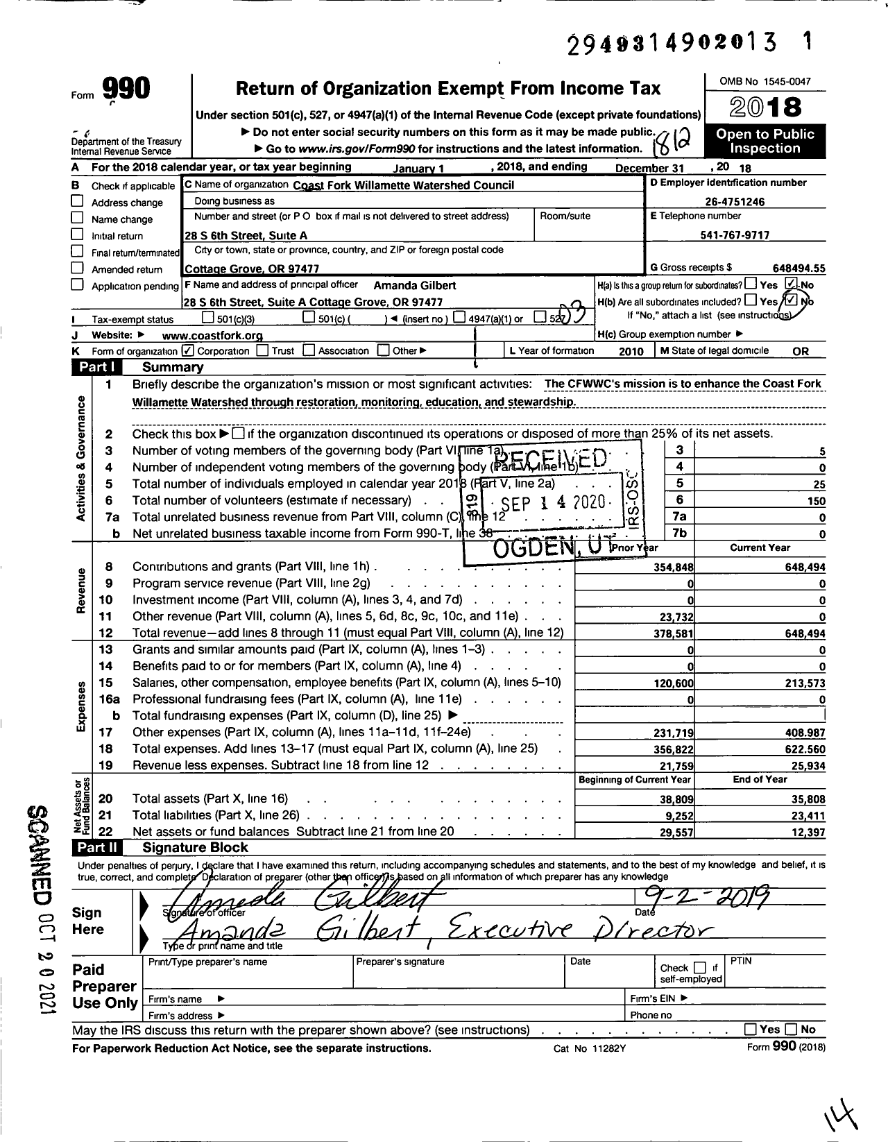 Image of first page of 2018 Form 990 for Coast Fork Willamette Watershed Council