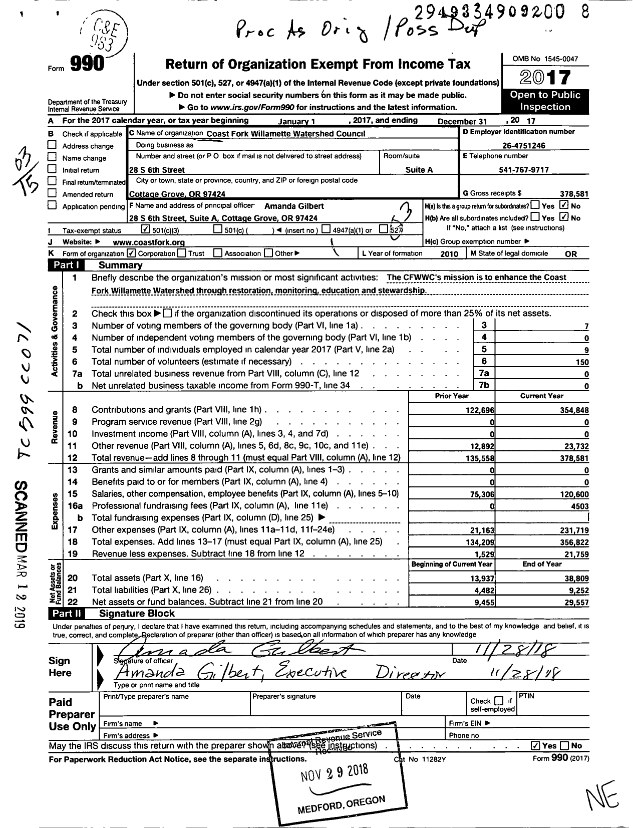 Image of first page of 2017 Form 990 for Coast Fork Willamette Watershed Council