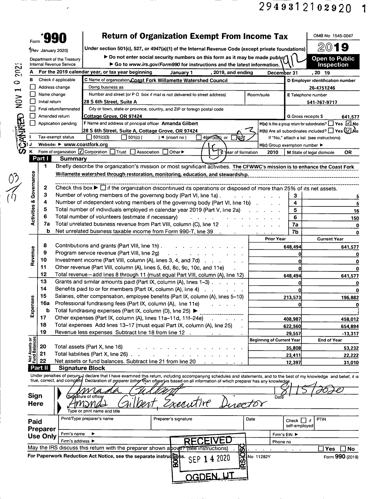 Image of first page of 2019 Form 990 for Coast Fork Willamette Watershed Council