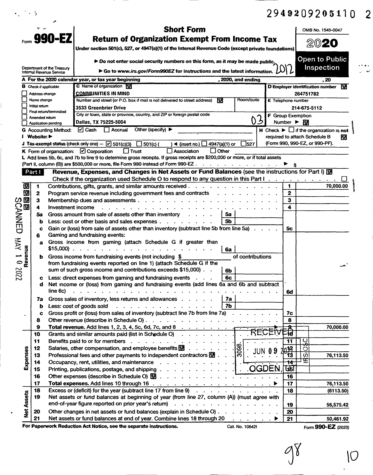 Image of first page of 2020 Form 990EZ for Communities In Mind