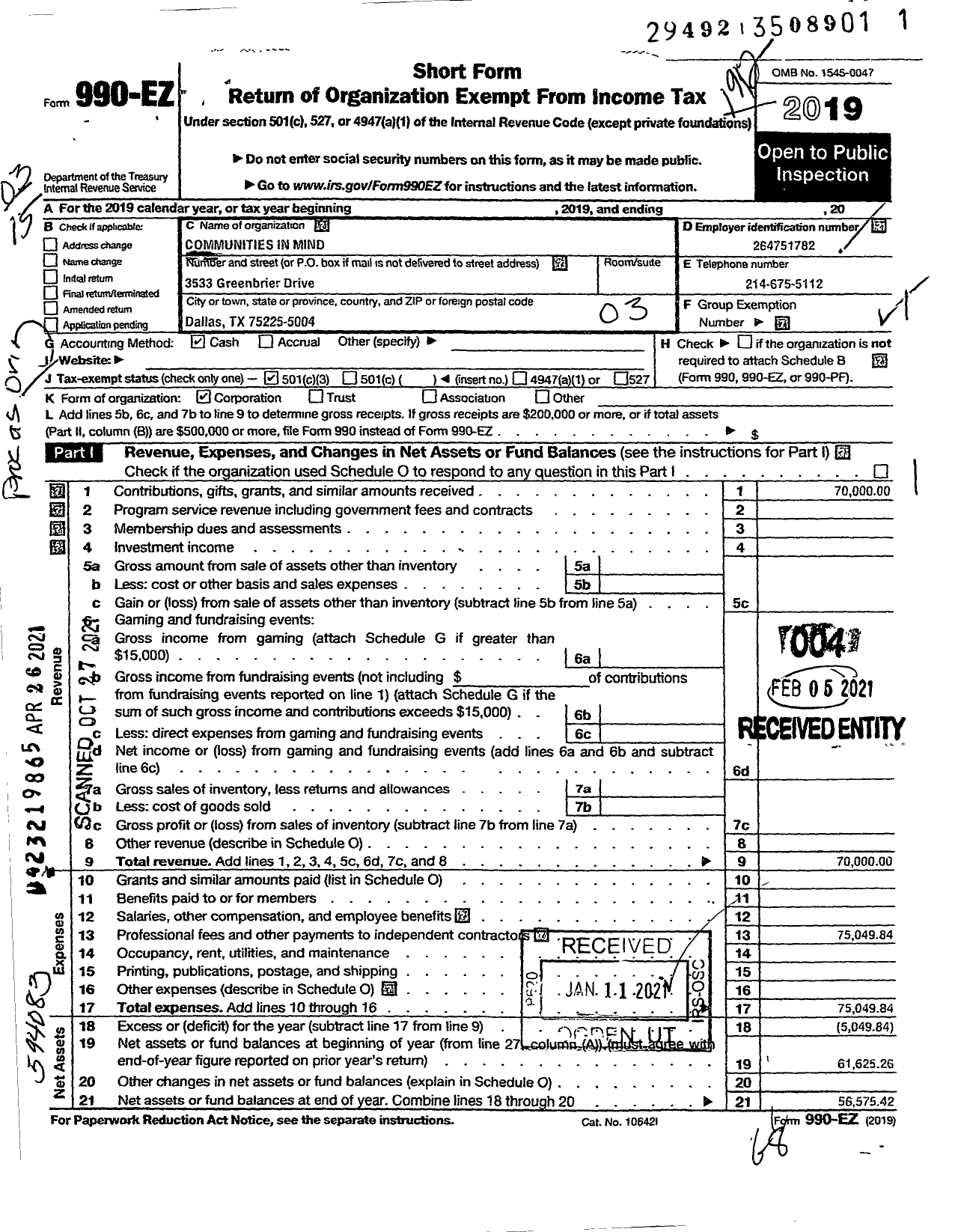 Image of first page of 2019 Form 990EZ for Communities In Mind