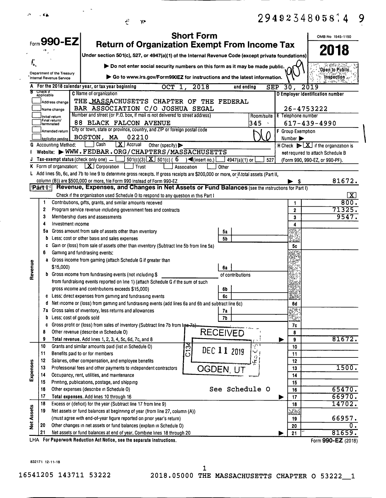 Image of first page of 2018 Form 990EO for The Massachusetts Chapter of the Federal Bar Association co Annabel Rodriguez