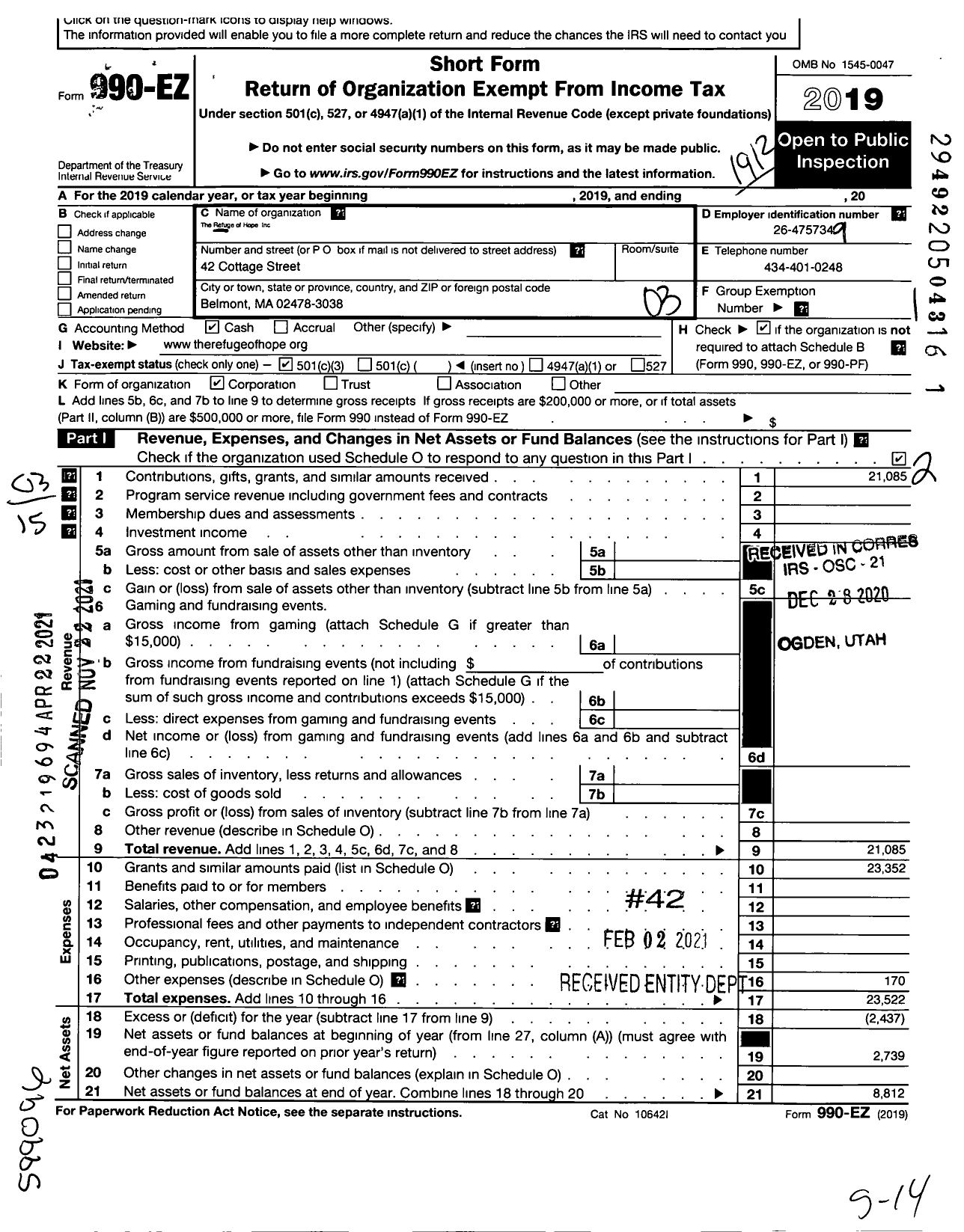 Image of first page of 2019 Form 990EZ for The Refuge of Hope