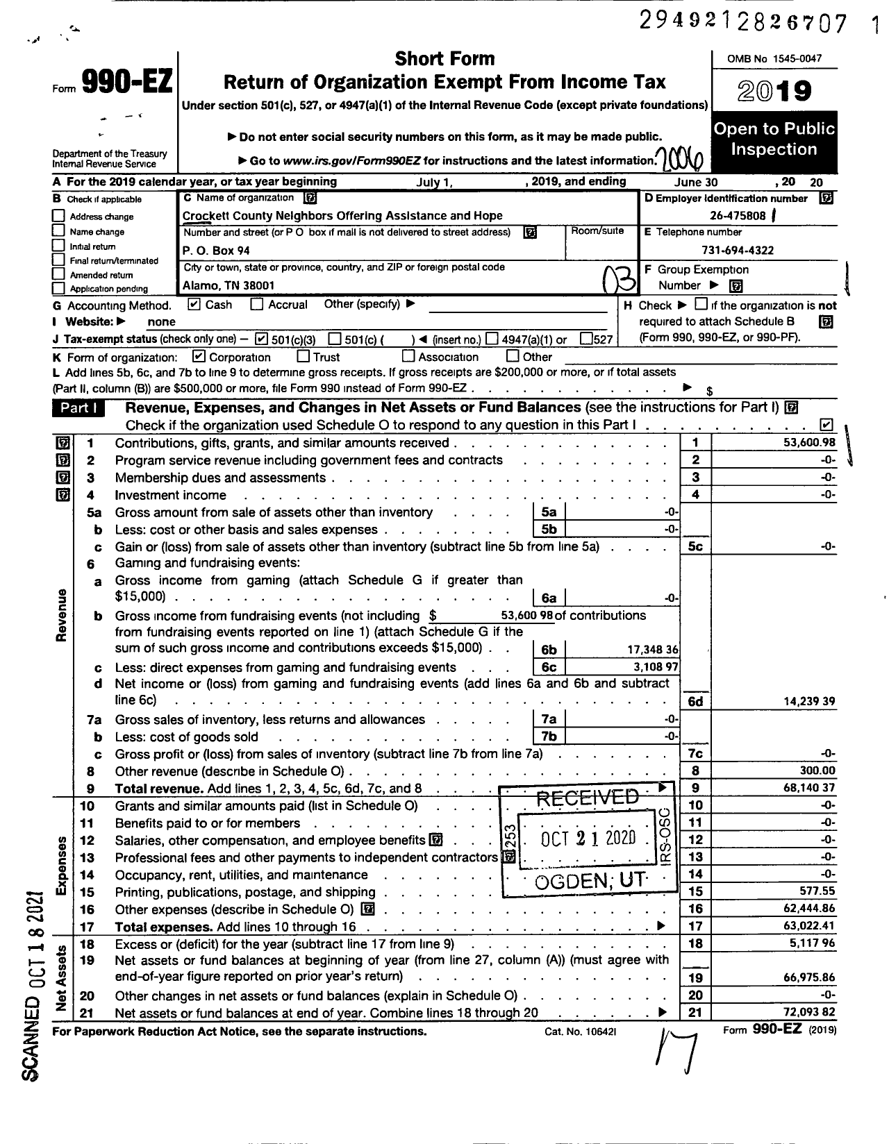 Image of first page of 2019 Form 990EZ for Crockett County N O A H Neighbors Offering Assistance and Hope