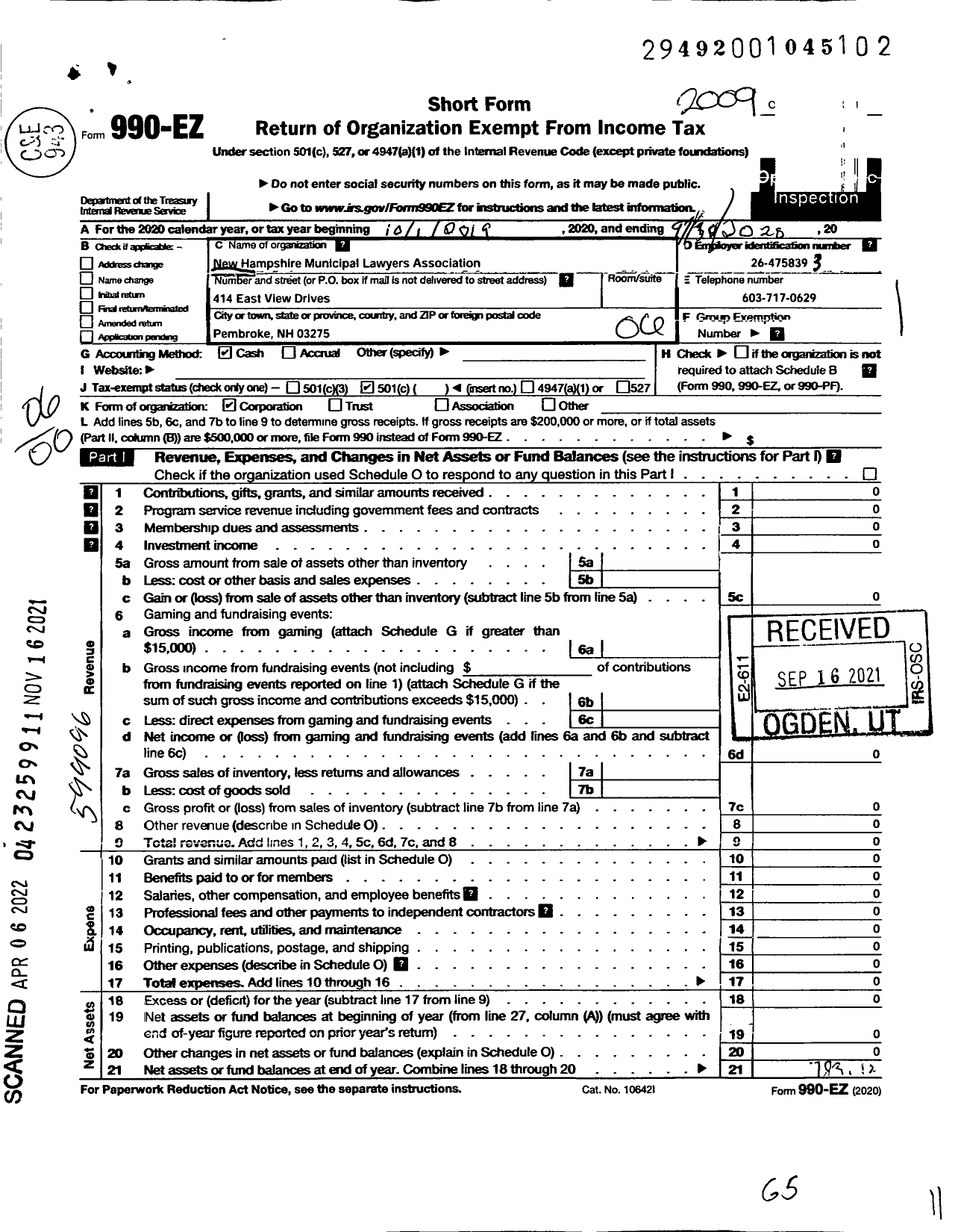 Image of first page of 2019 Form 990EO for New Hampshire Municipal Lawyers Association Incorporated