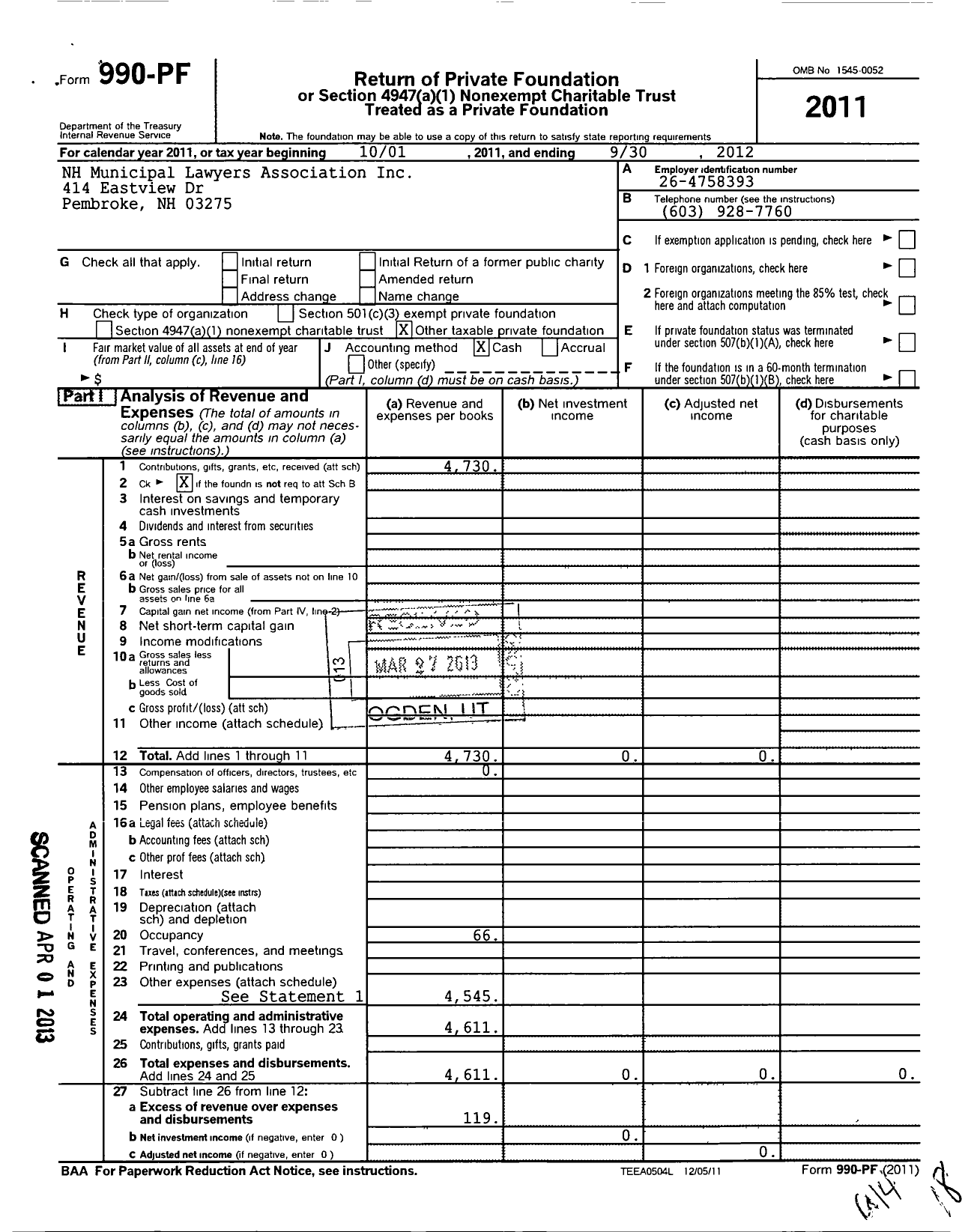 Image of first page of 2011 Form 990PF for New Hampshire Municipal Lawyers Association Incorporated