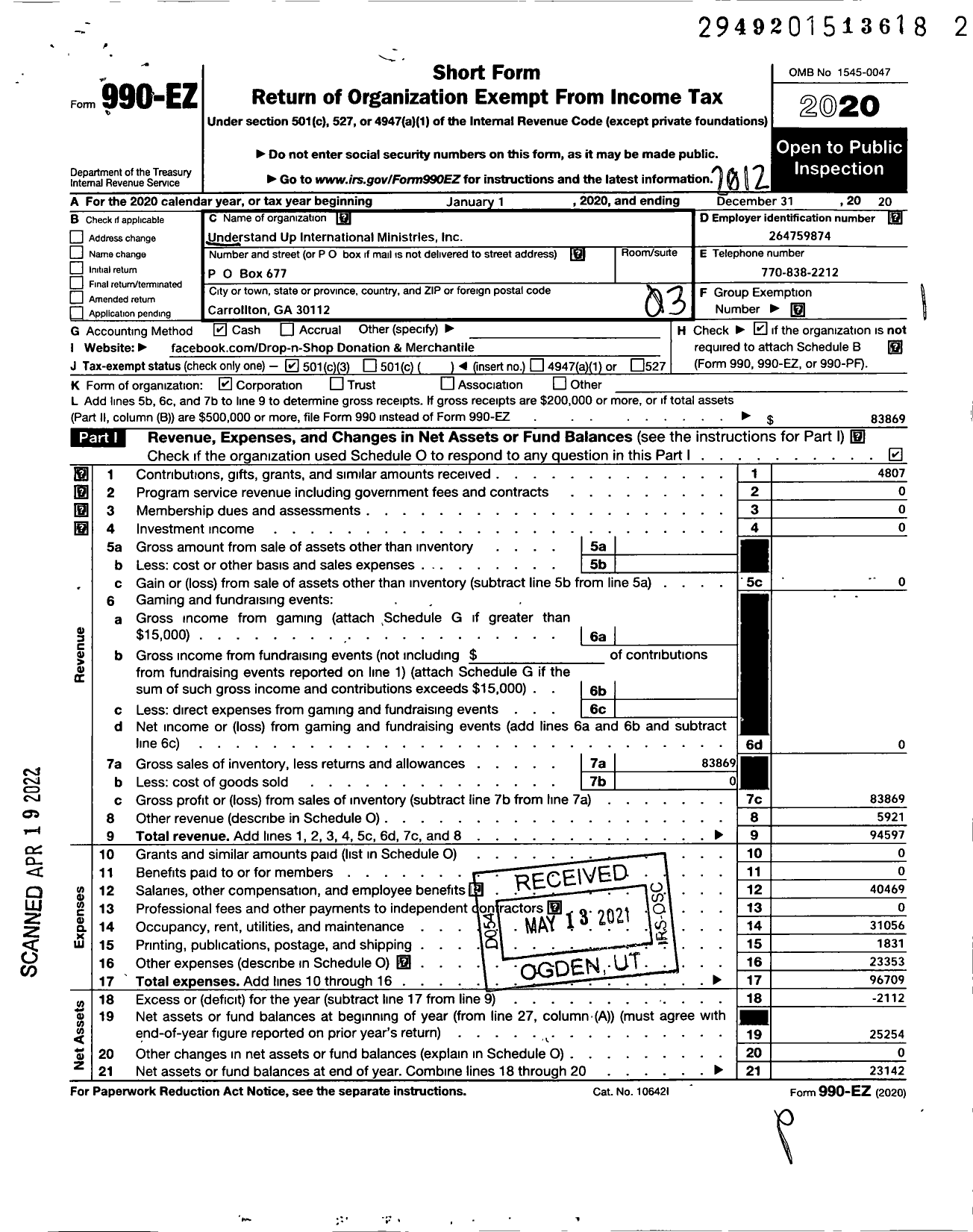 Image of first page of 2020 Form 990EZ for Understand Up International Ministries