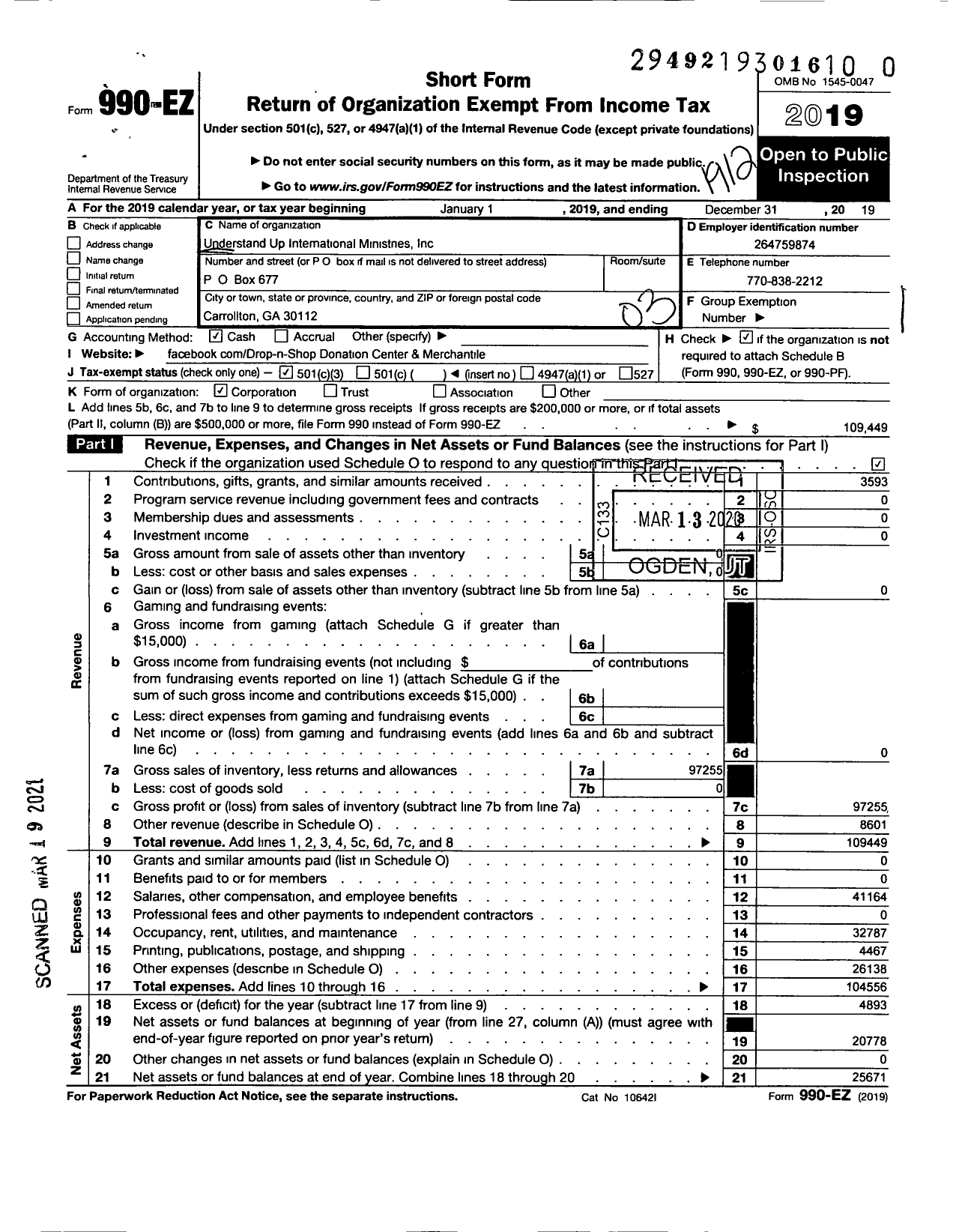 Image of first page of 2019 Form 990EZ for Understand Up International Ministries