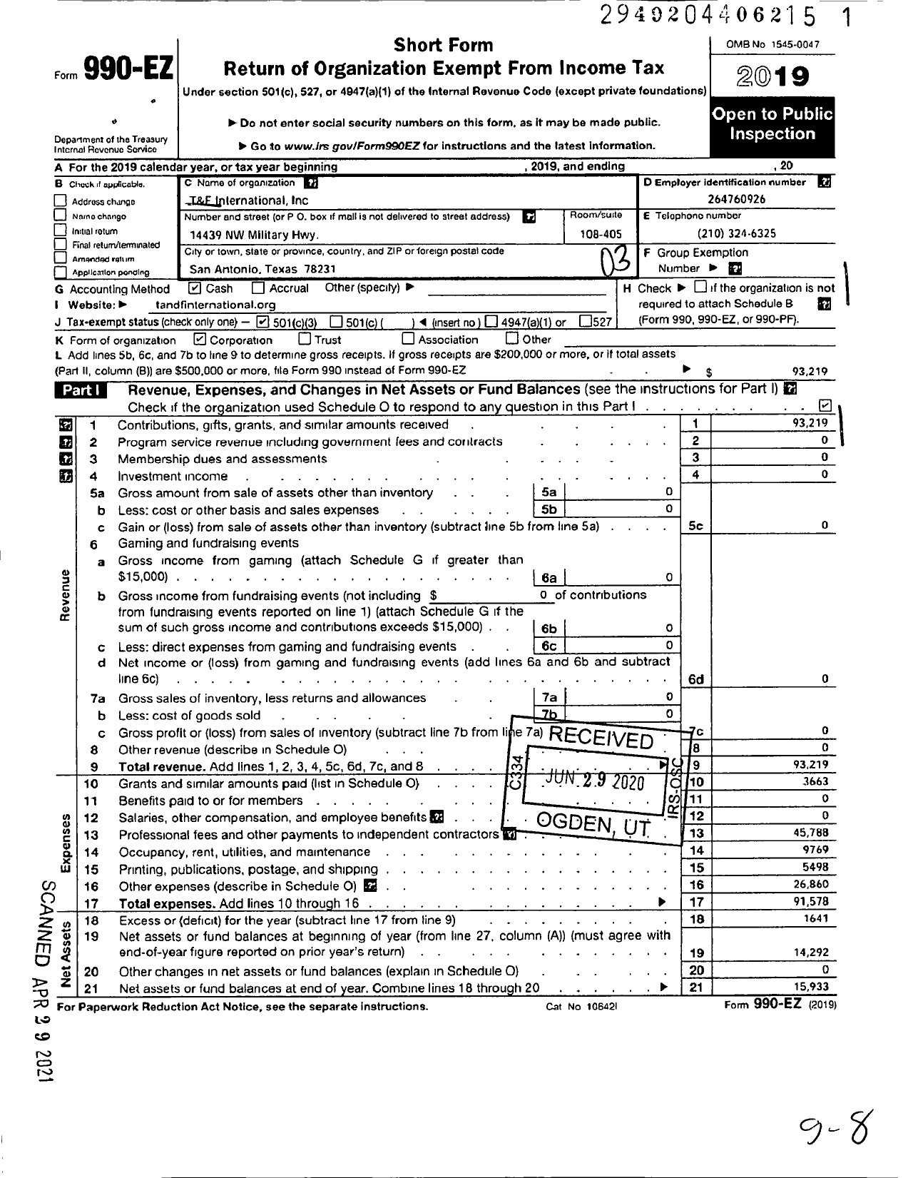 Image of first page of 2019 Form 990EZ for T&F International