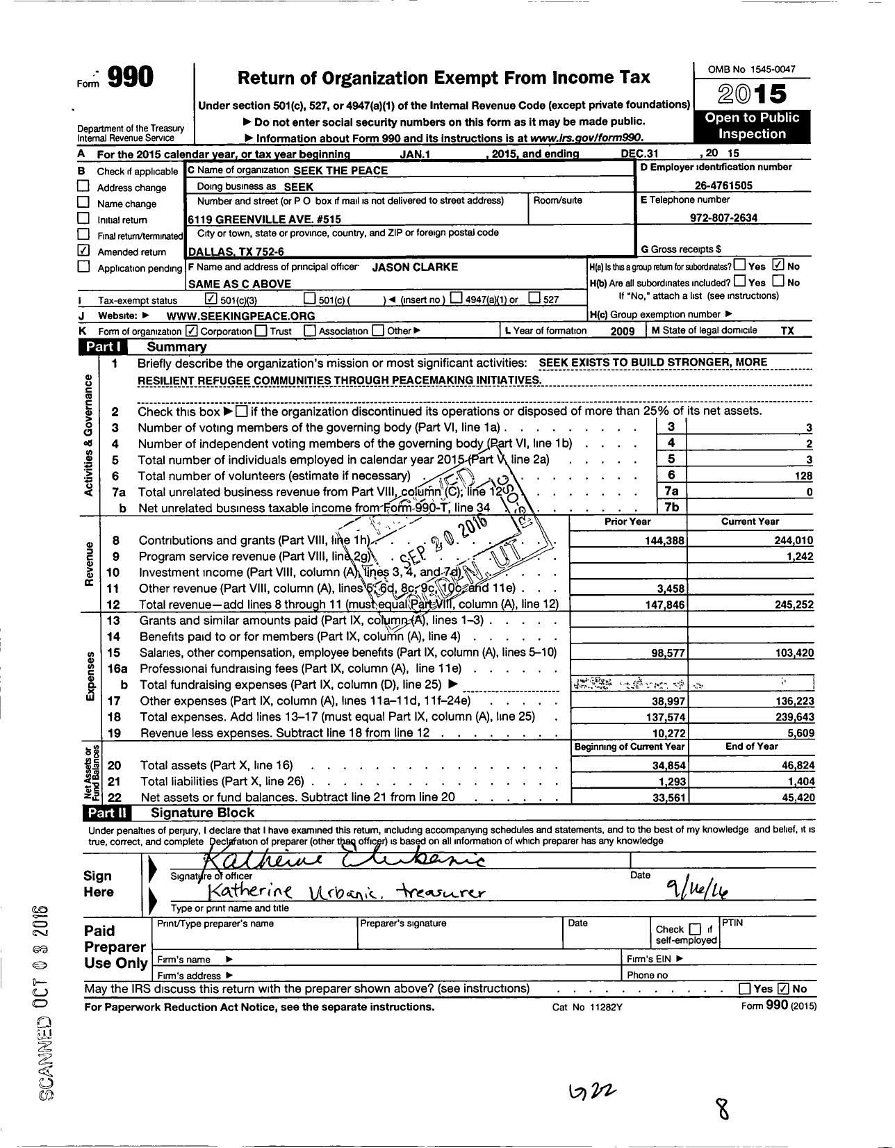 Image of first page of 2015 Form 990 for Seek the Peace