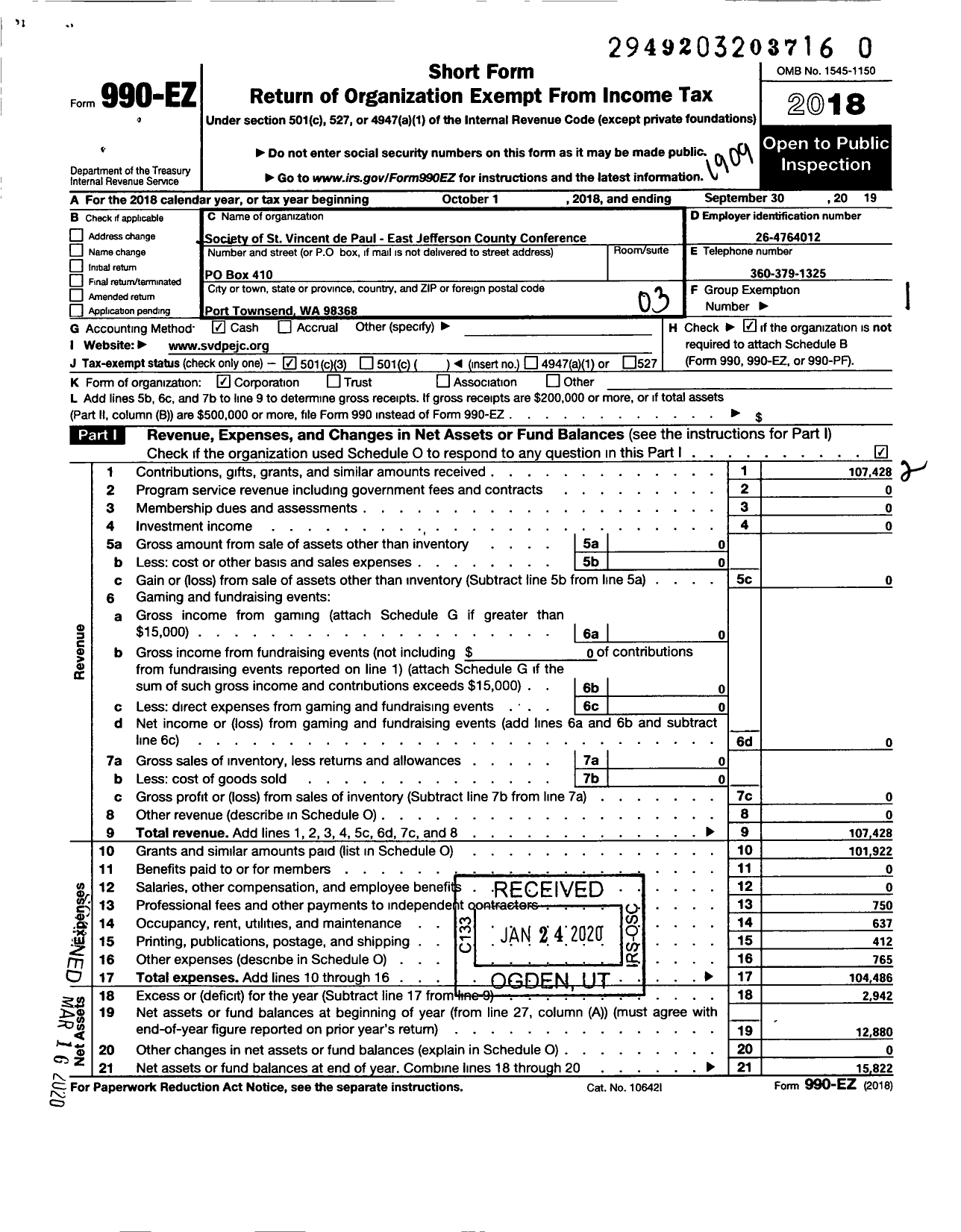 Image of first page of 2018 Form 990EZ for The Society of St Vincent de Paul East Jefferson County Conference