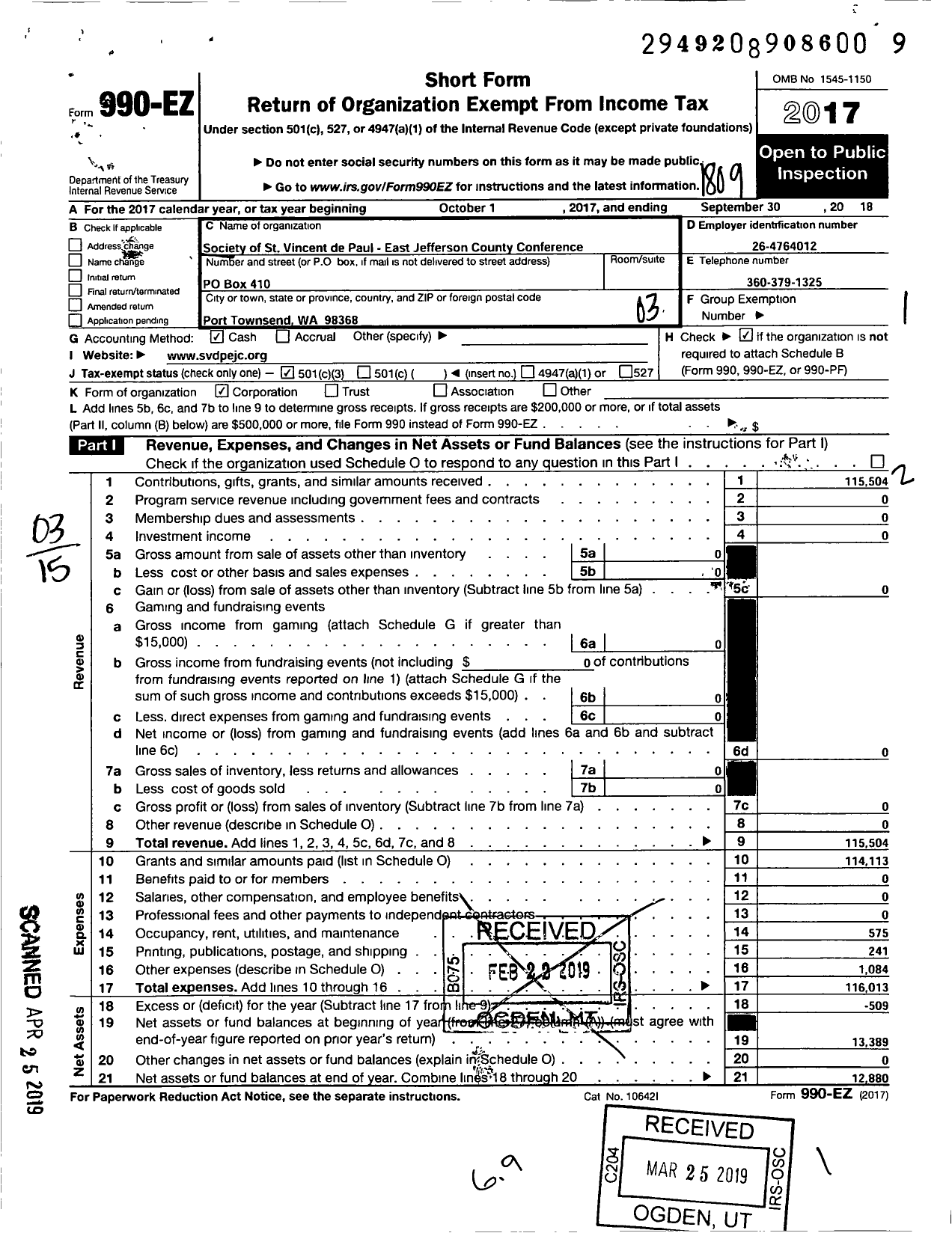 Image of first page of 2017 Form 990EZ for The Society of St Vincent de Paul East Jefferson County Conference