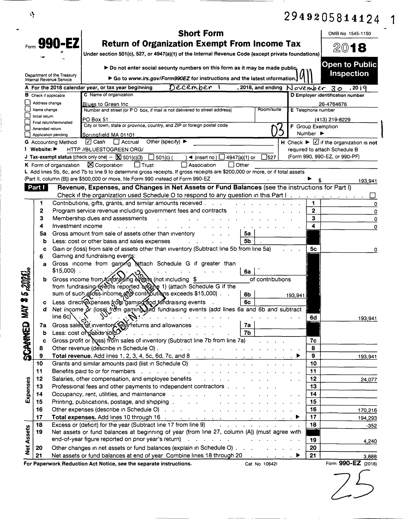 Image of first page of 2018 Form 990EZ for Blues To Green