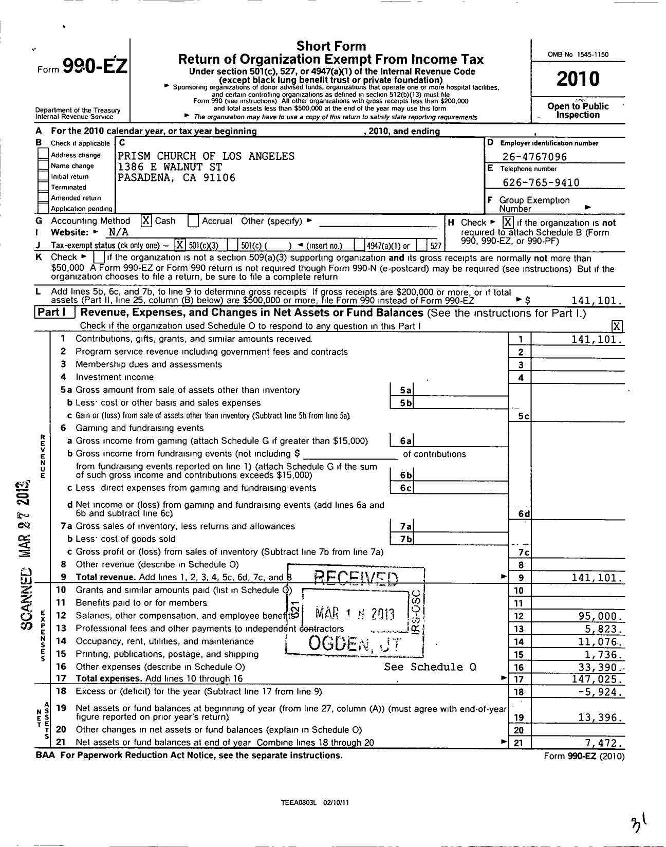 Image of first page of 2010 Form 990EZ for Prism Church of Los Angeles