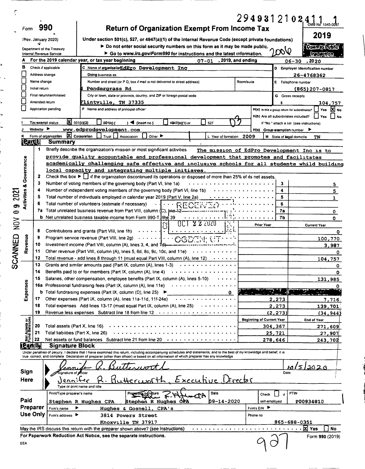 Image of first page of 2019 Form 990 for EdPro Development
