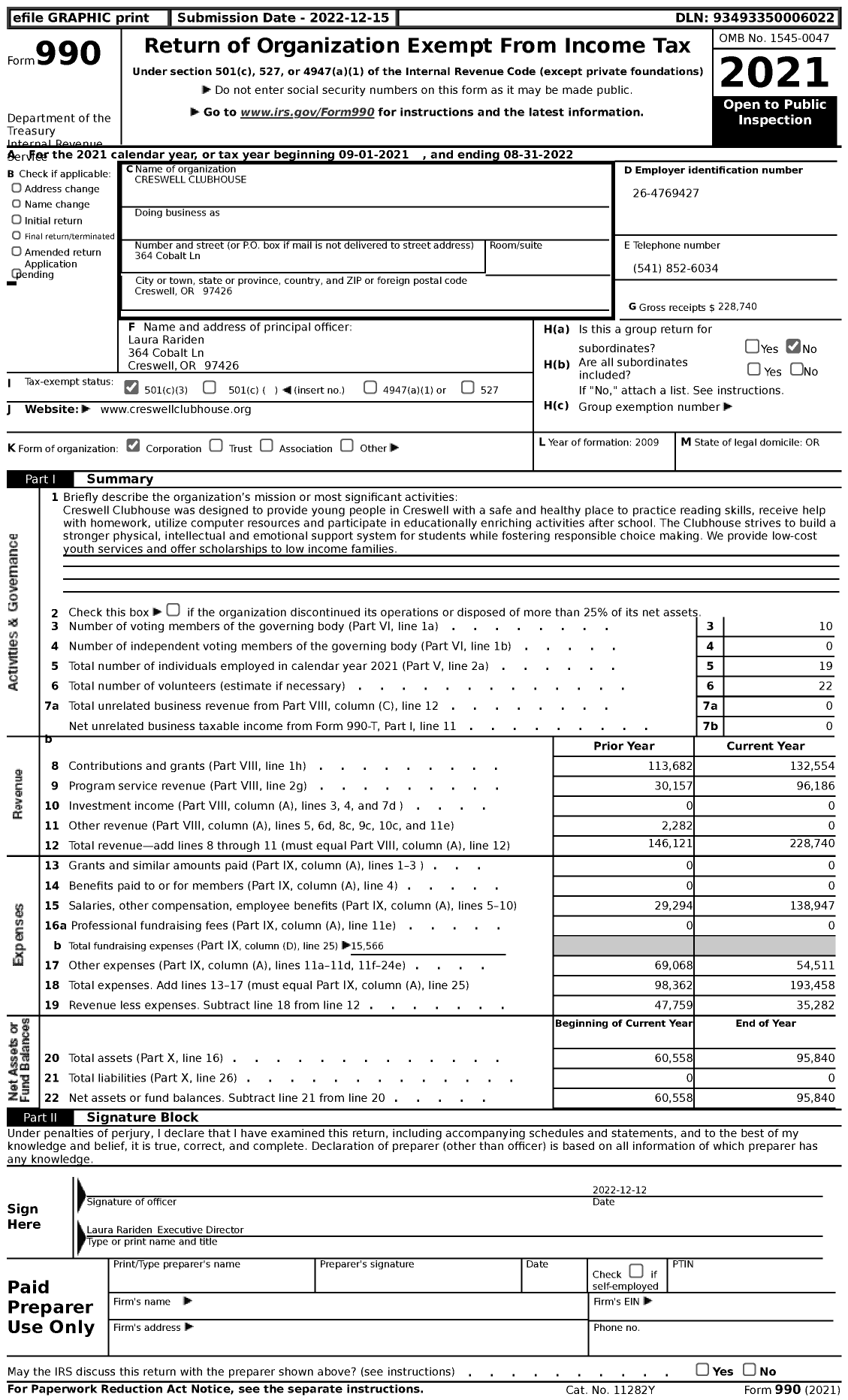 Image of first page of 2021 Form 990 for Creswell Clubhouse