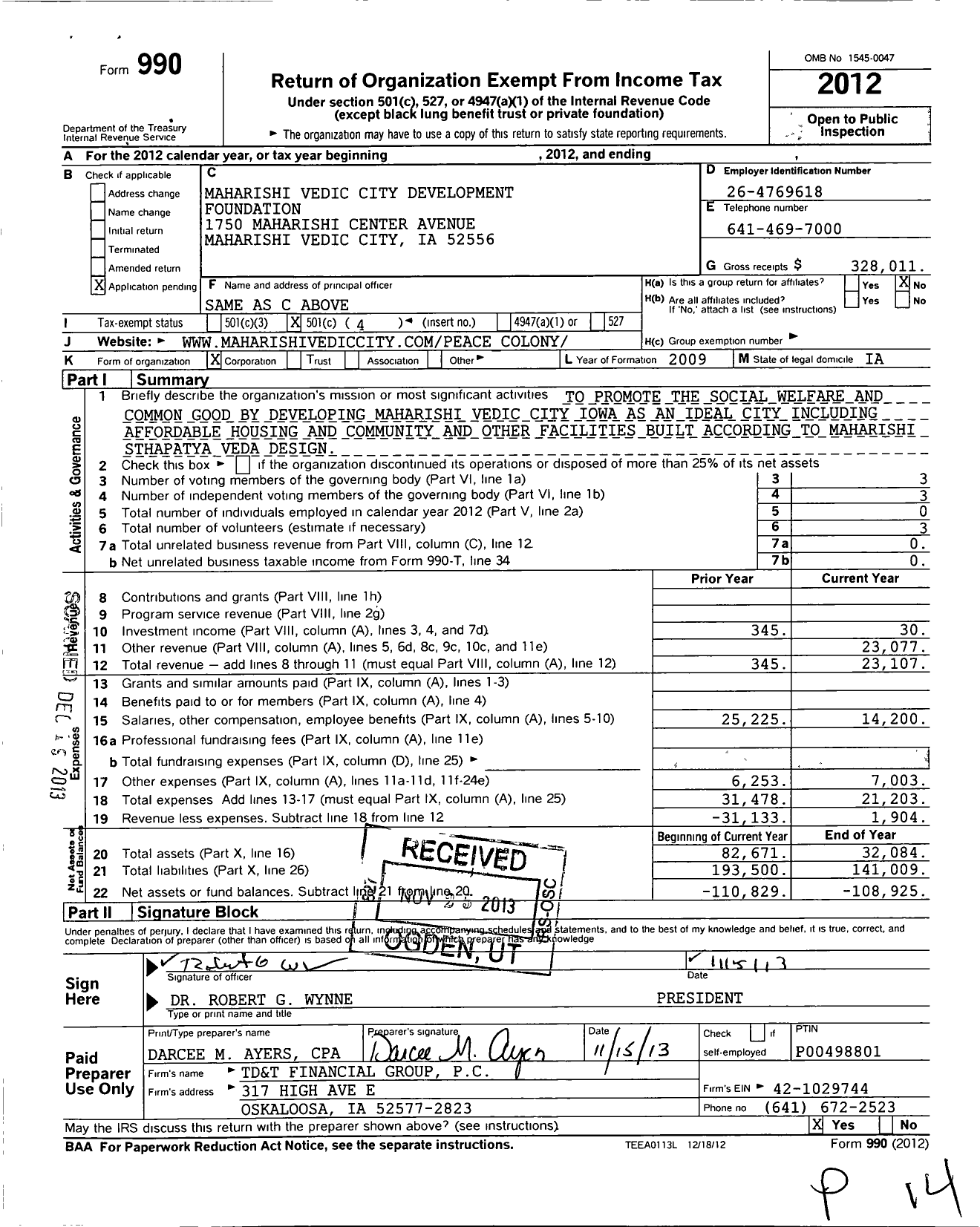 Image of first page of 2012 Form 990O for Maharishi Vedic City Development Foundation