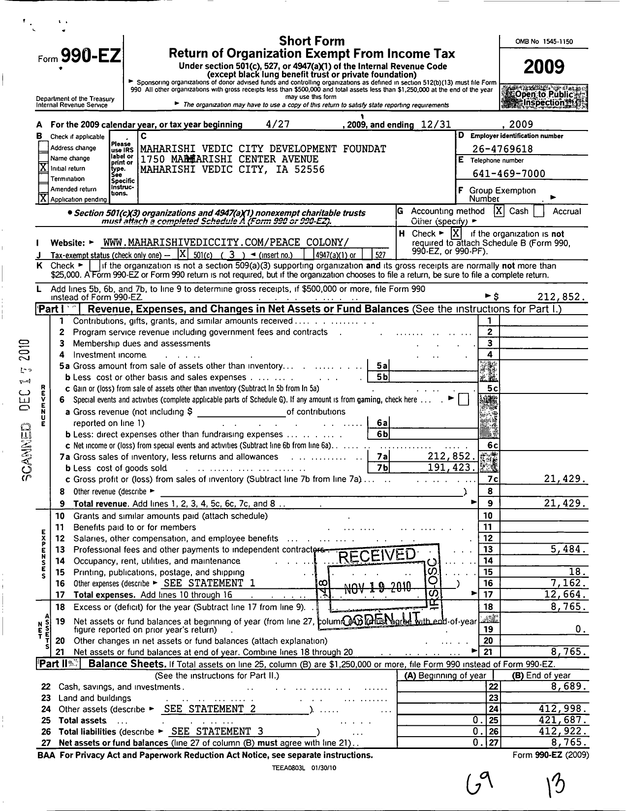 Image of first page of 2009 Form 990EZ for Maharishi Vedic City Development Foundation