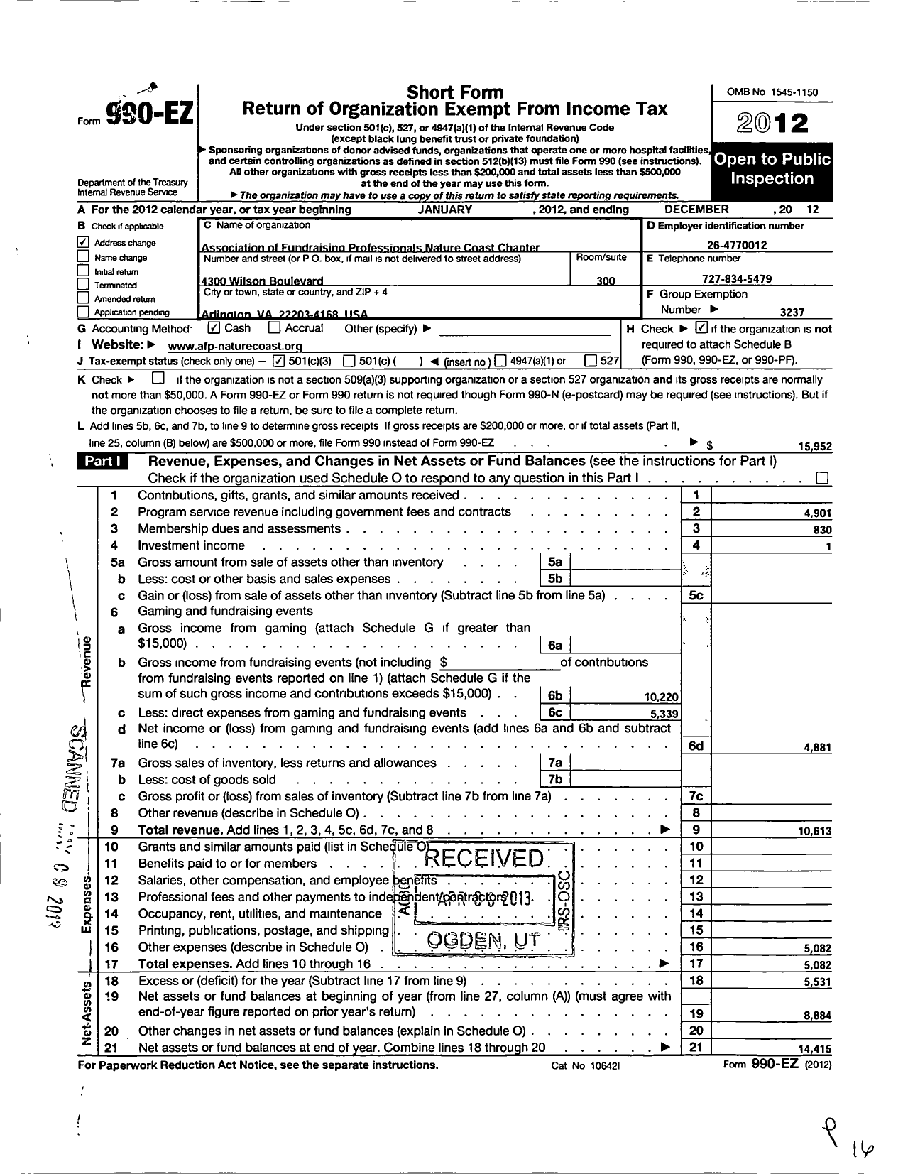 Image of first page of 2012 Form 990EZ for Association of Fundraising Professionals - FL Nature Coast Chapter