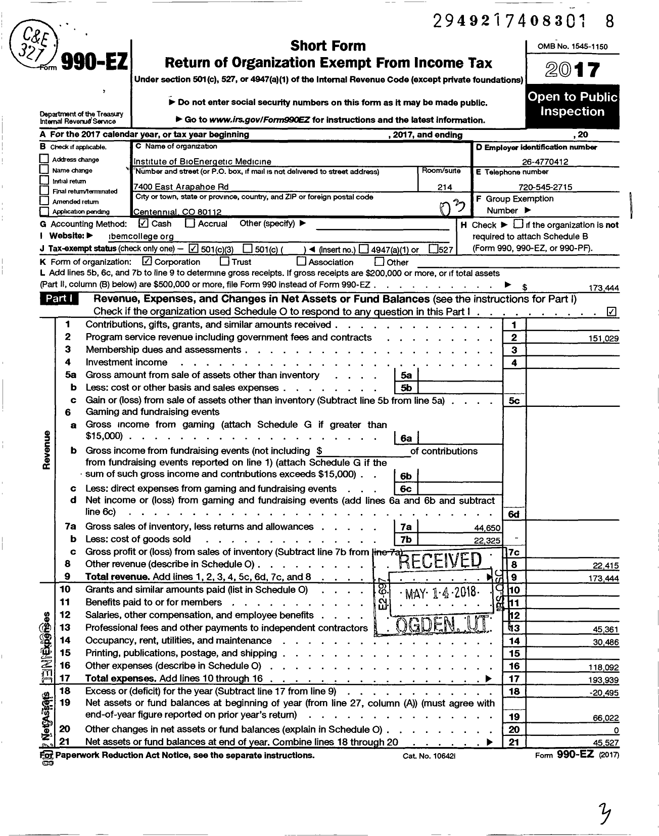 Image of first page of 2017 Form 990EZ for Institute of BioEnergetic Medicine