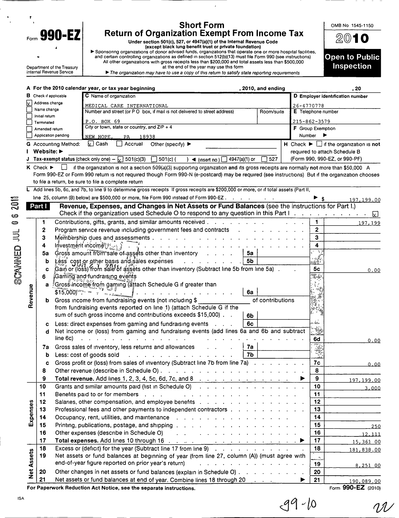 Image of first page of 2010 Form 990EZ for Medical Care International