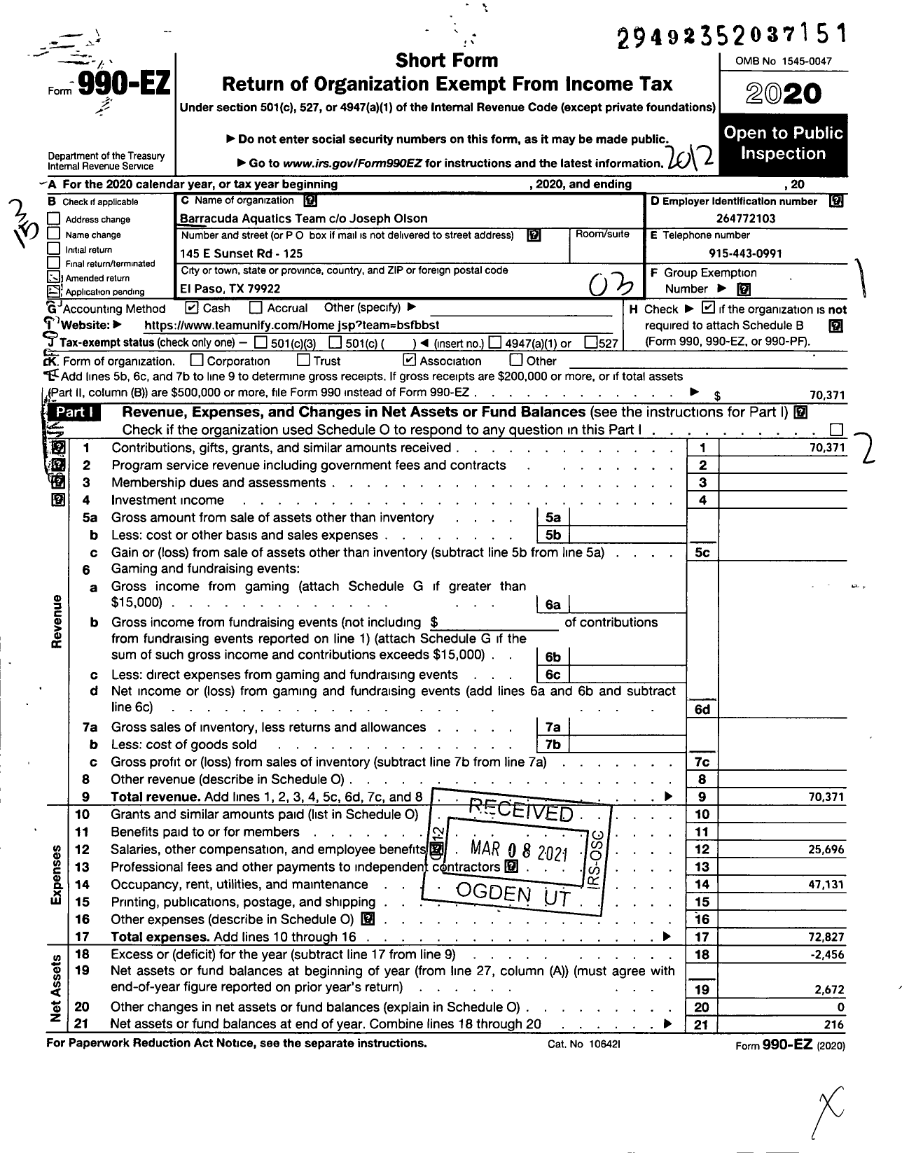 Image of first page of 2020 Form 990EZ for Barracuda Aquatics Team