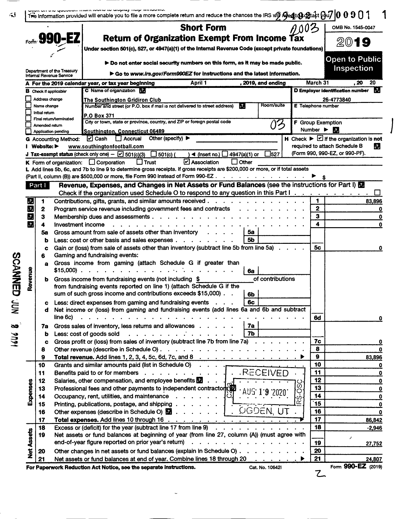 Image of first page of 2019 Form 990EZ for Southington Gridiron Club