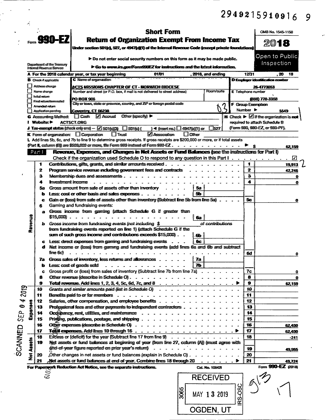 Image of first page of 2018 Form 990EZ for Acts Missions