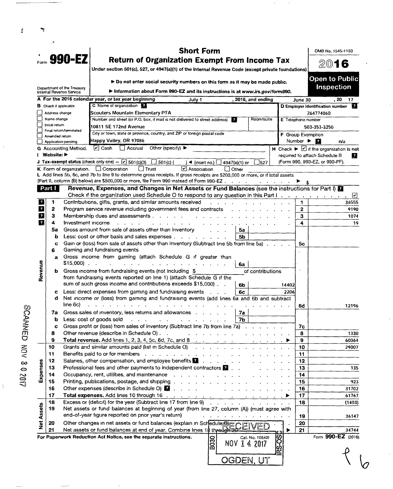 Image of first page of 2016 Form 990EZ for Scouters Mountain Elementary PTA