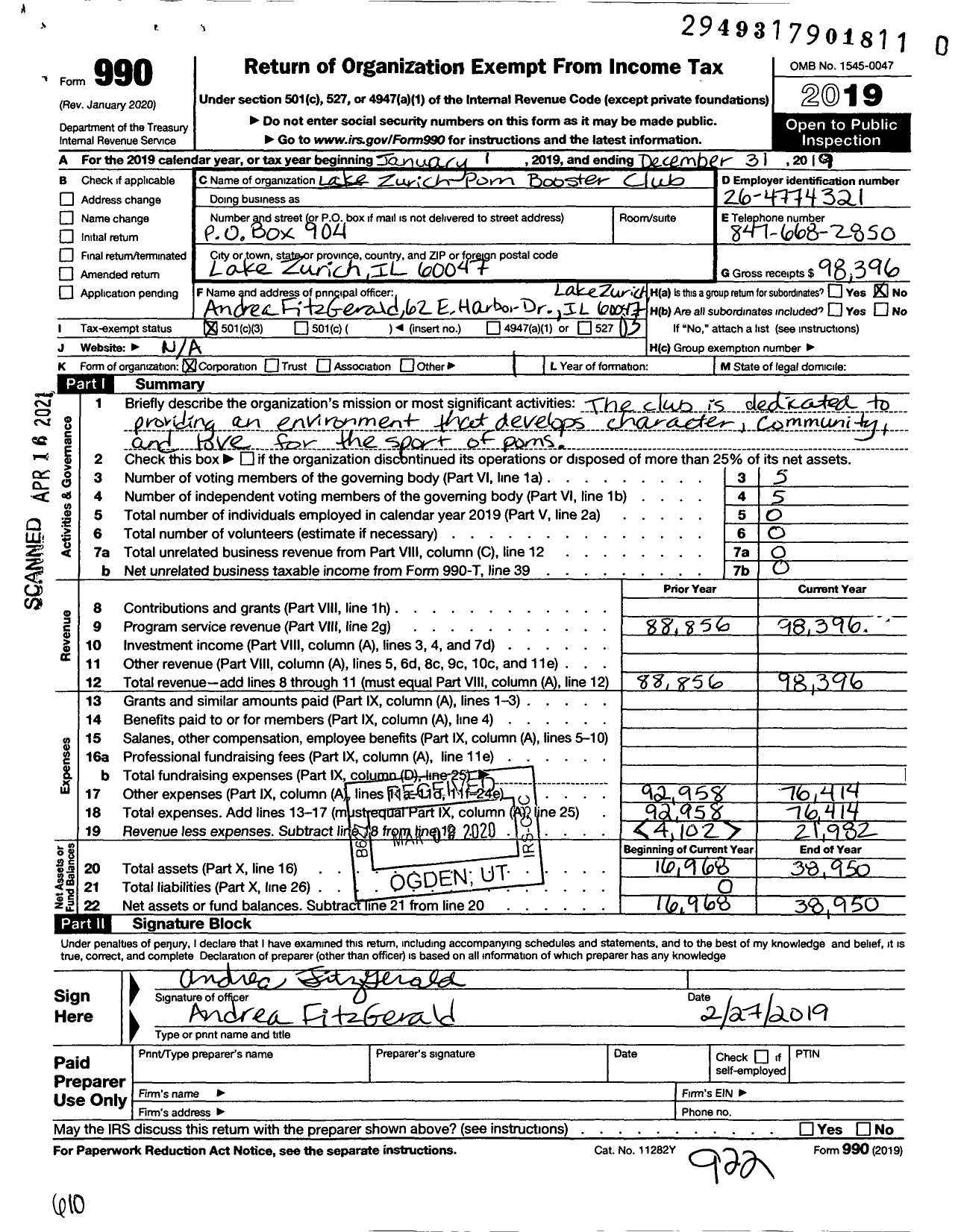 Image of first page of 2019 Form 990 for Lake Zurich Pom Booster Club