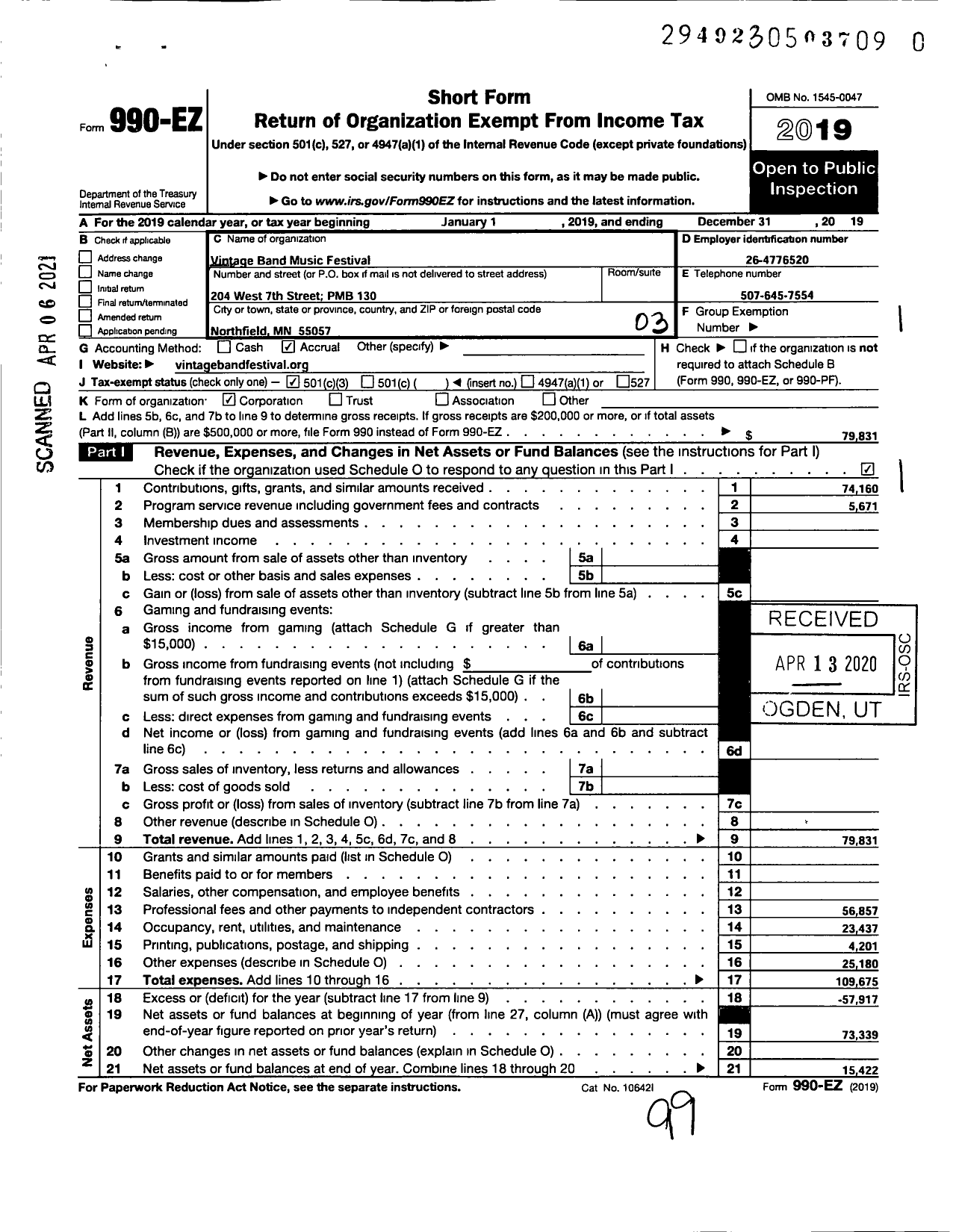 Image of first page of 2019 Form 990EZ for Vintage Band Music Festival