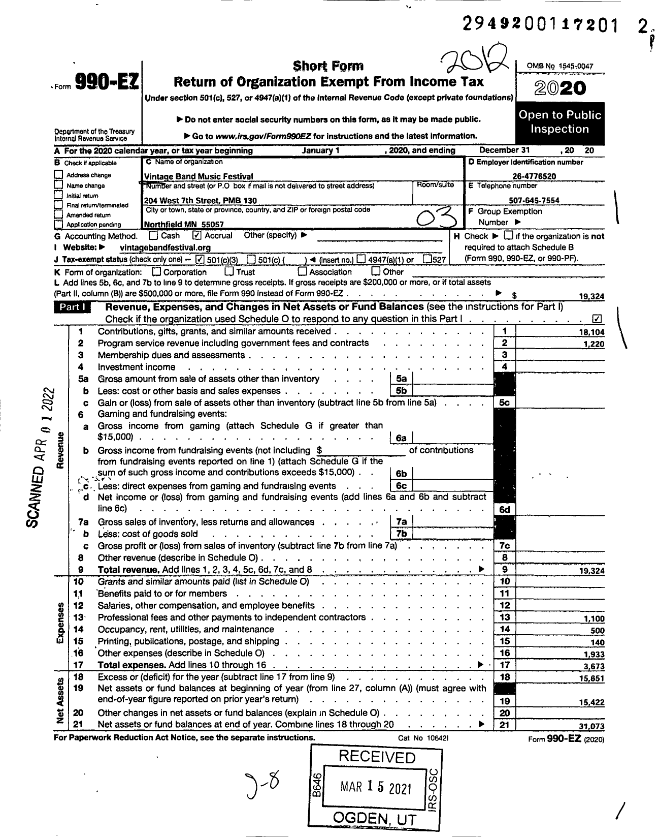 Image of first page of 2020 Form 990EZ for Vintage Band Music Festival