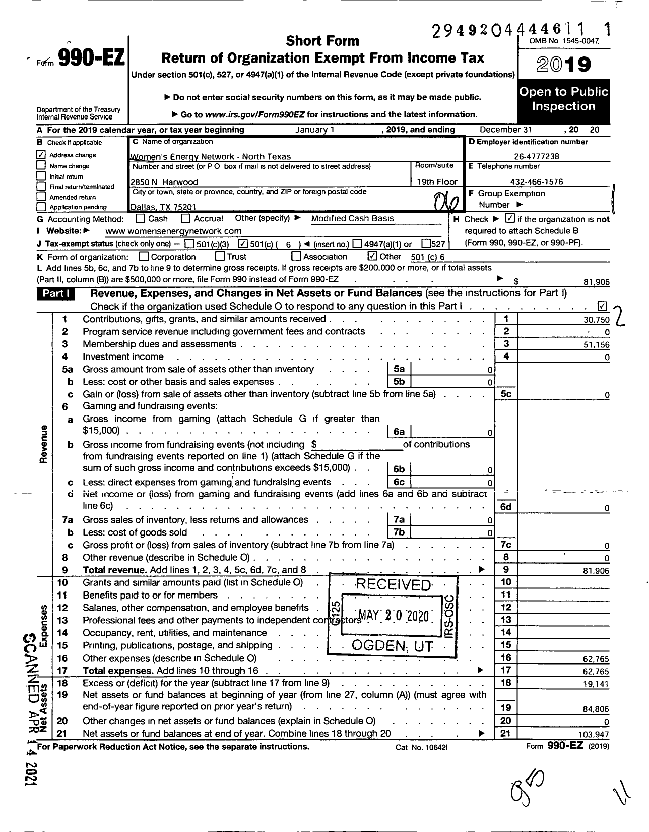 Image of first page of 2020 Form 990EO for Womens Energy Network-North Texas