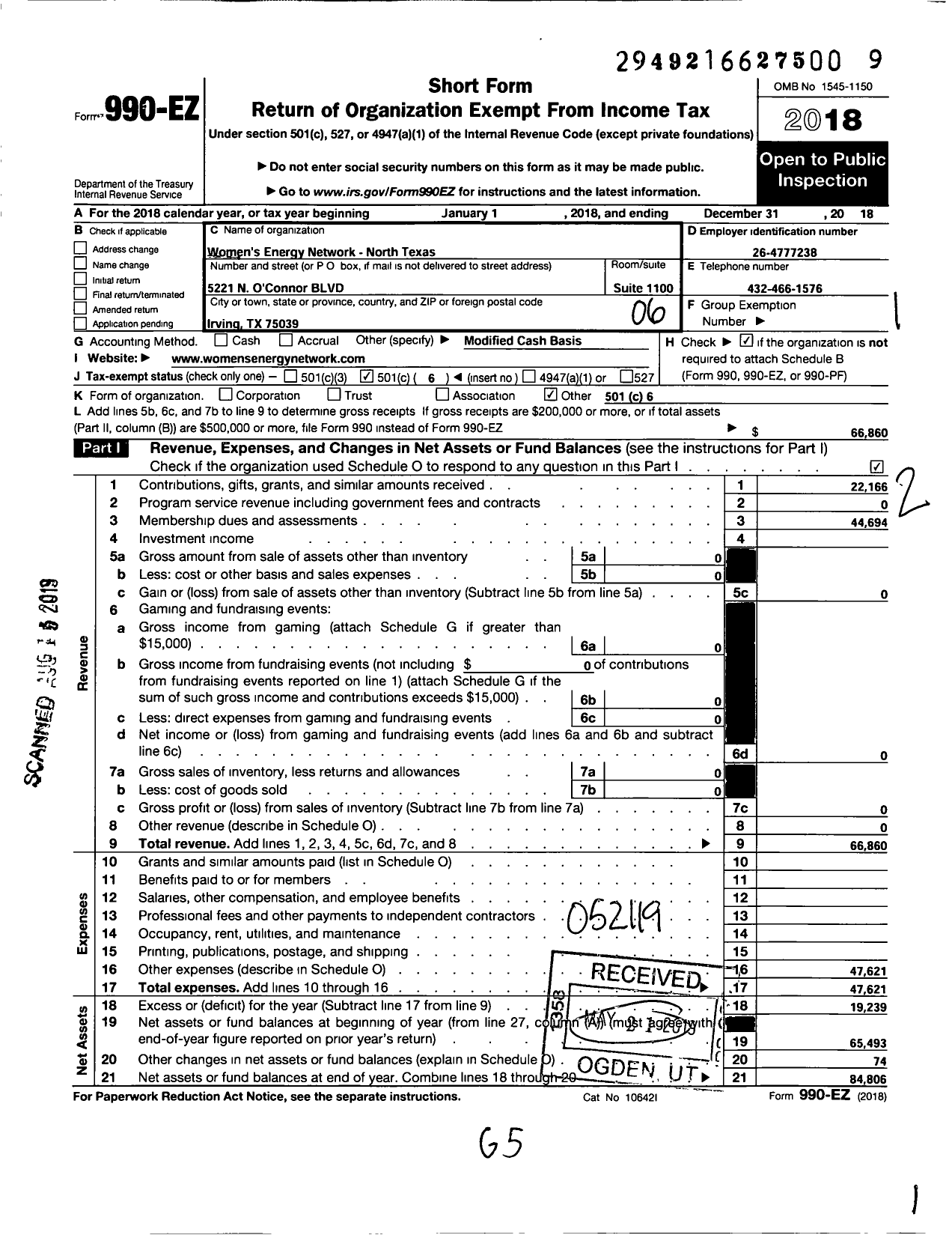 Image of first page of 2018 Form 990EO for Womens Energy Network-North Texas