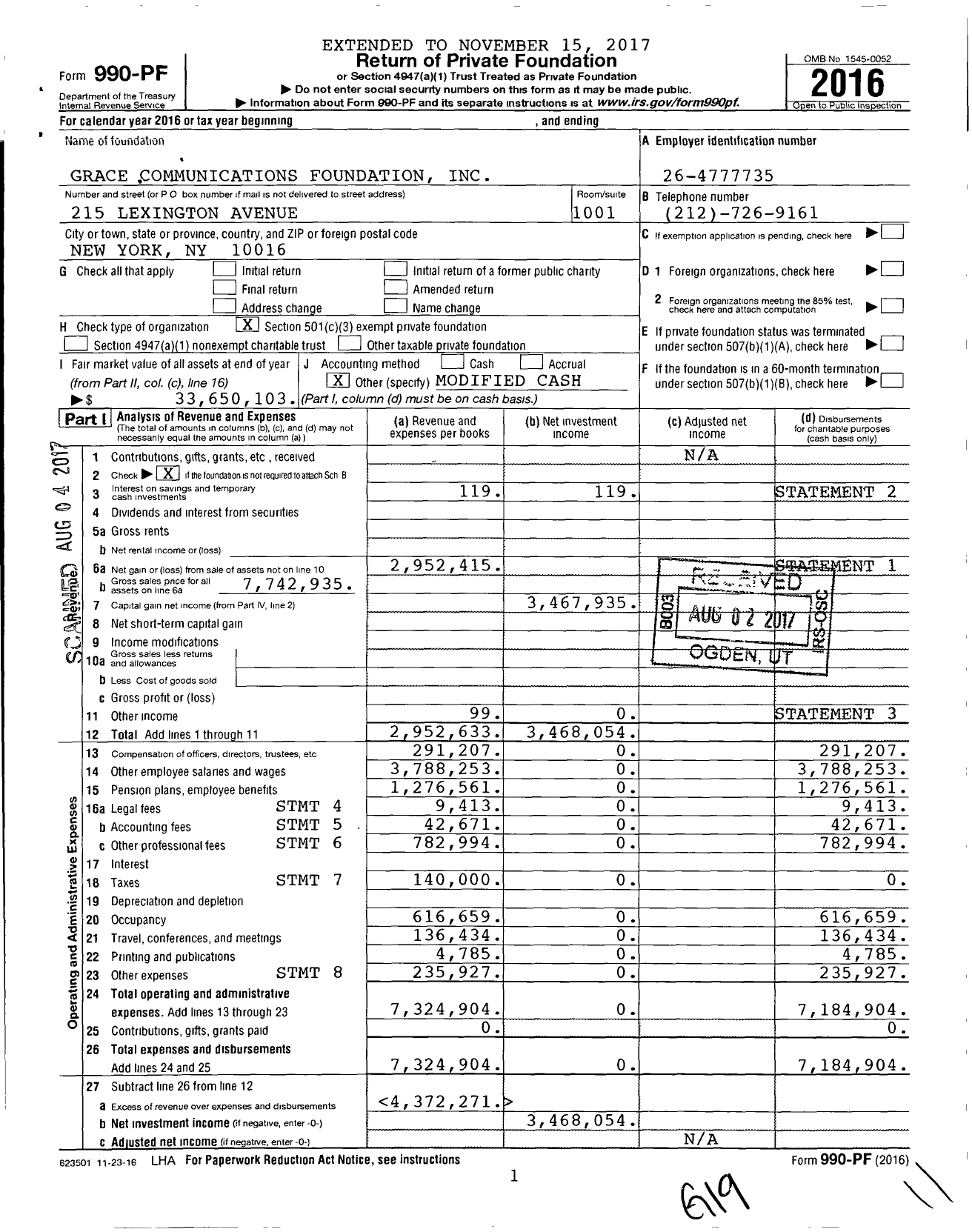 Image of first page of 2016 Form 990PF for Grace Communications Foundation