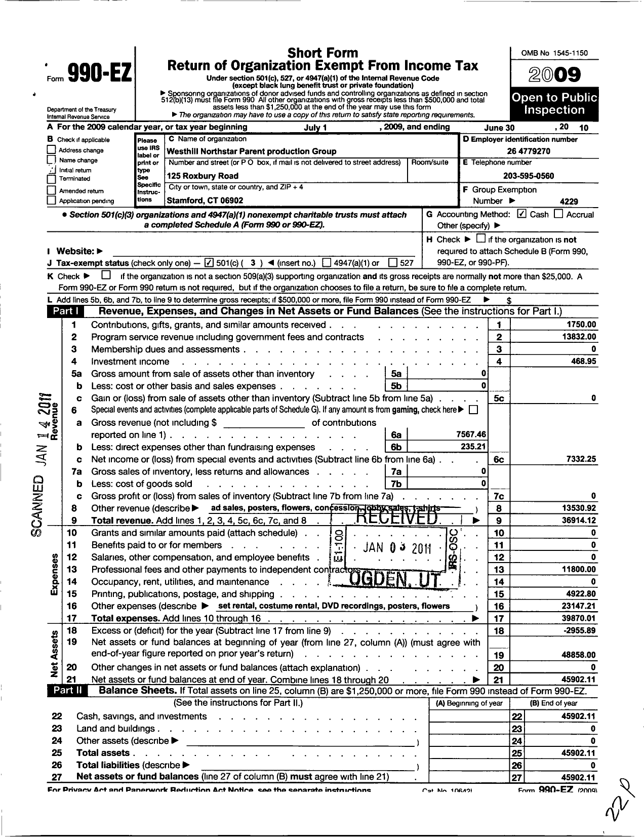 Image of first page of 2009 Form 990EZ for Parent Teacher Council of Stamford / Westhill Northstar Parent