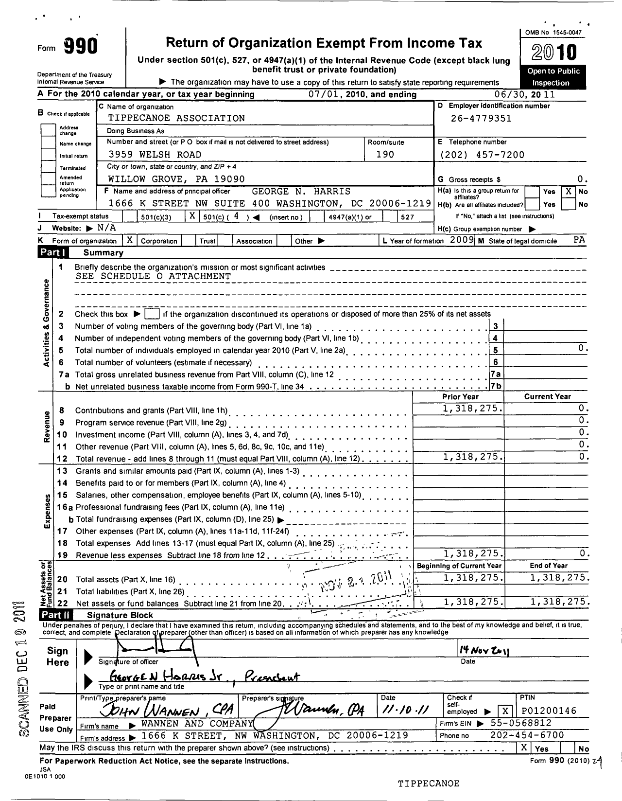 Image of first page of 2010 Form 990O for Tippecanoe Association