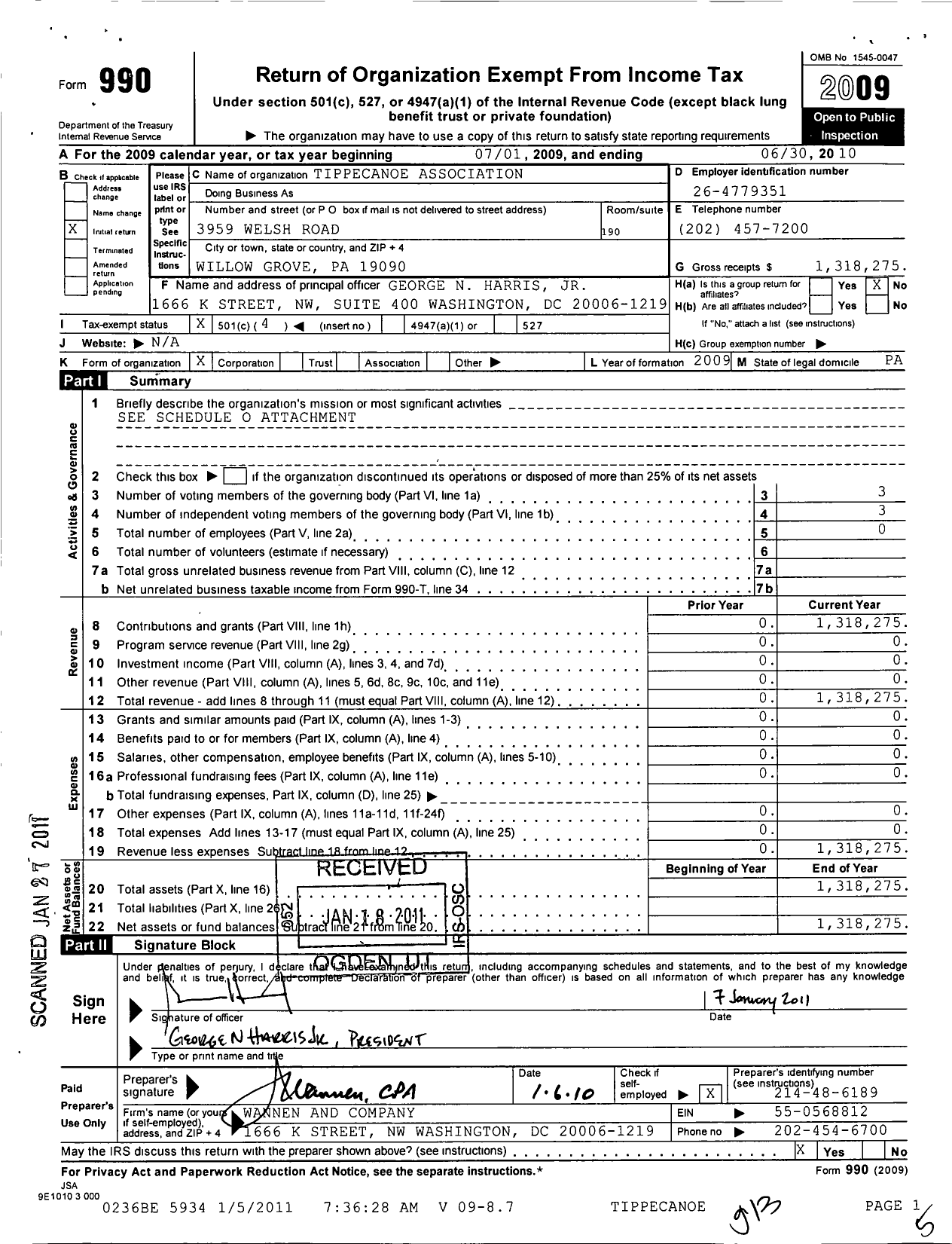 Image of first page of 2009 Form 990O for Tippecanoe Association