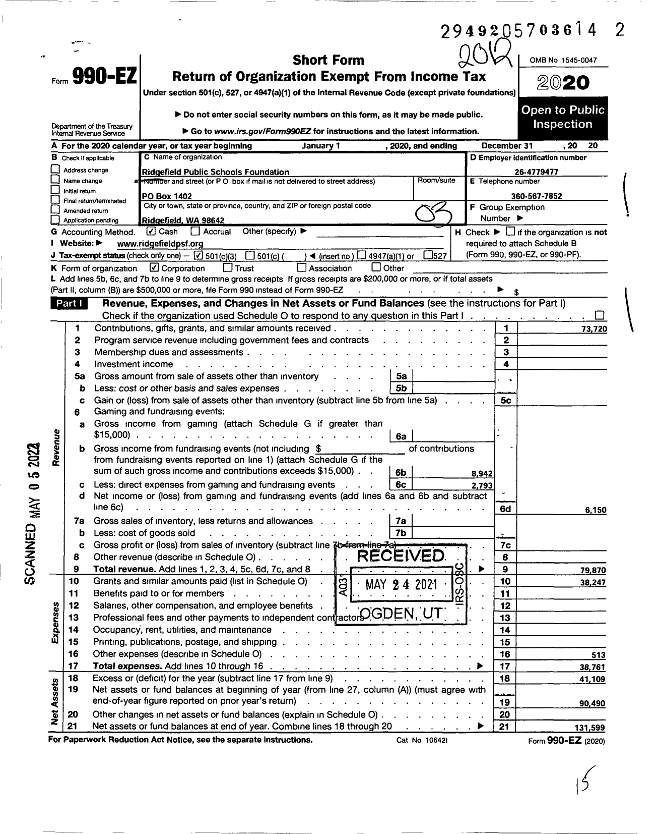 Image of first page of 2020 Form 990EZ for Ridgefield Public Schools Foundation